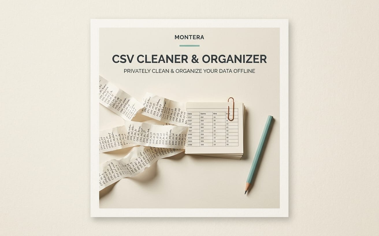 Promotional cover for an offline CSV Cleaner & Organizer app with spreadsheets, paper scraps, and a pencil on a desk