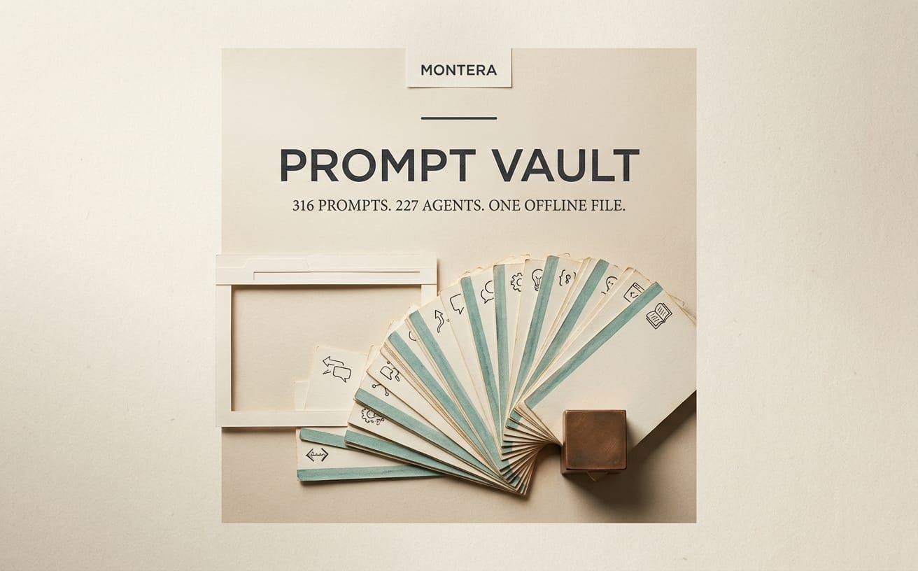 Prompt Vault offline HTML app cover with 316 prompts, agents and skills text and stacked prompt cards