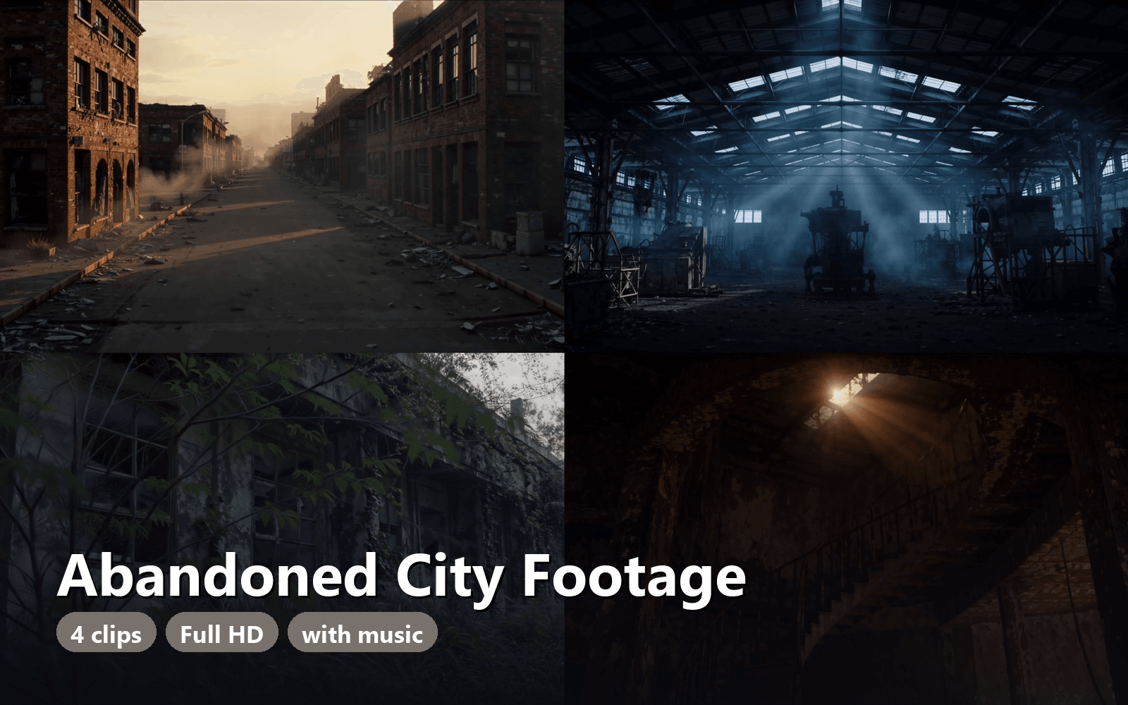 Abandoned City Stock Footage Pack – 4 Full HD MP4 Clips (1920x1088), Urban Decay