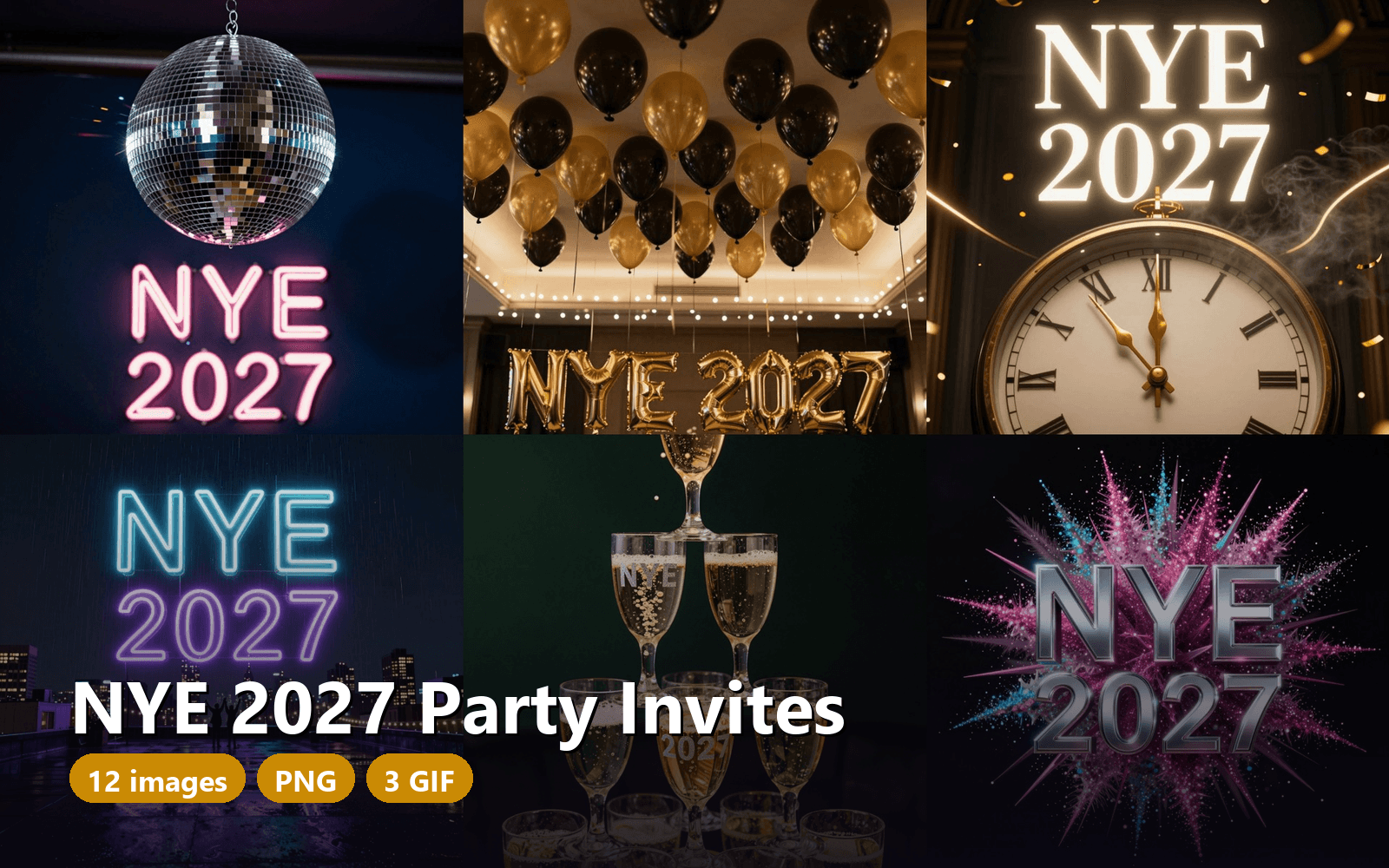 New Year's Eve 2027 Party Invitations & Social Posts — 12 PNG (1088x1088) + 3 Animated GIFs