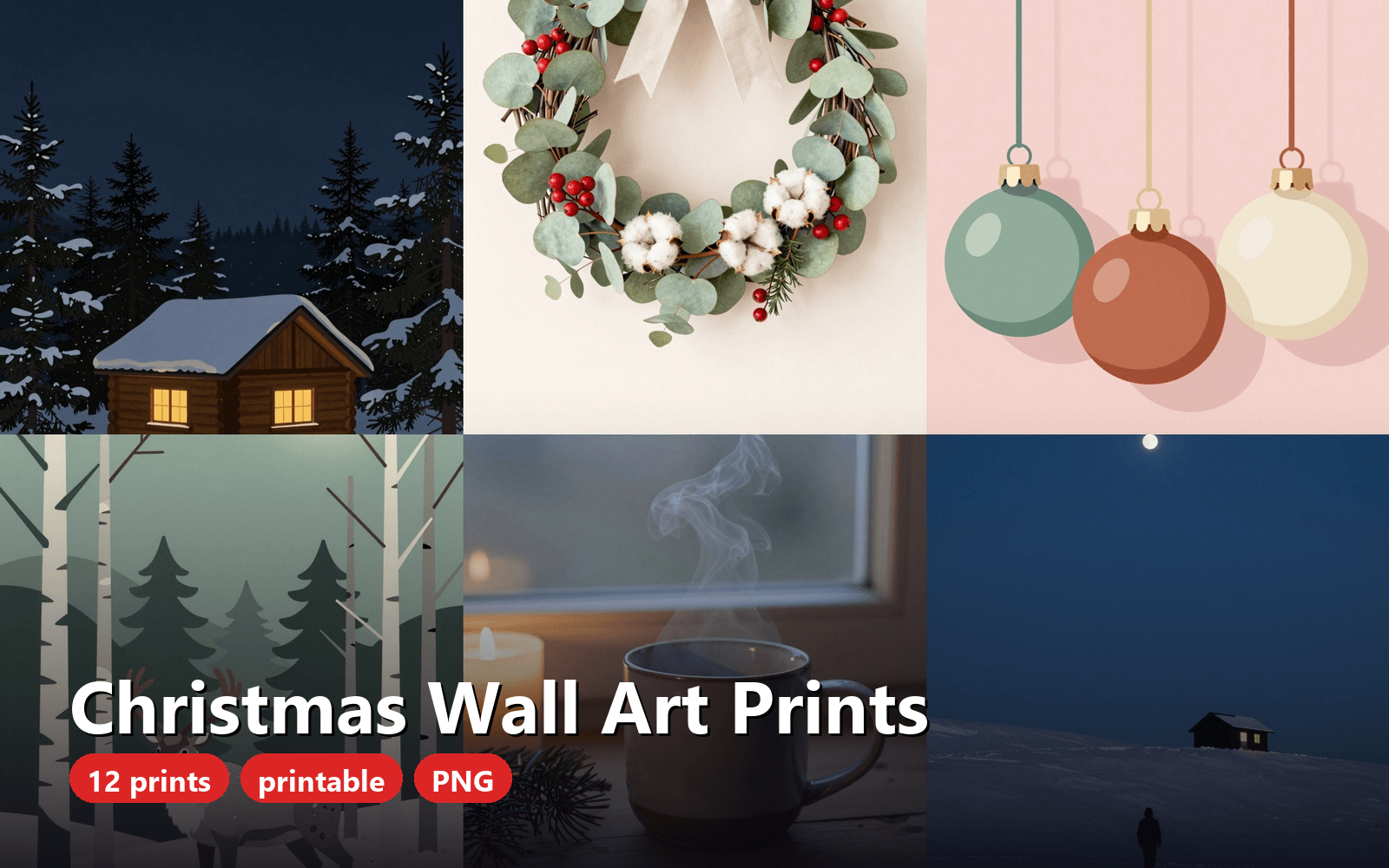 Christmas Wall Art Prints - 12 Printable Scandinavian Holiday Illustrations, PNG