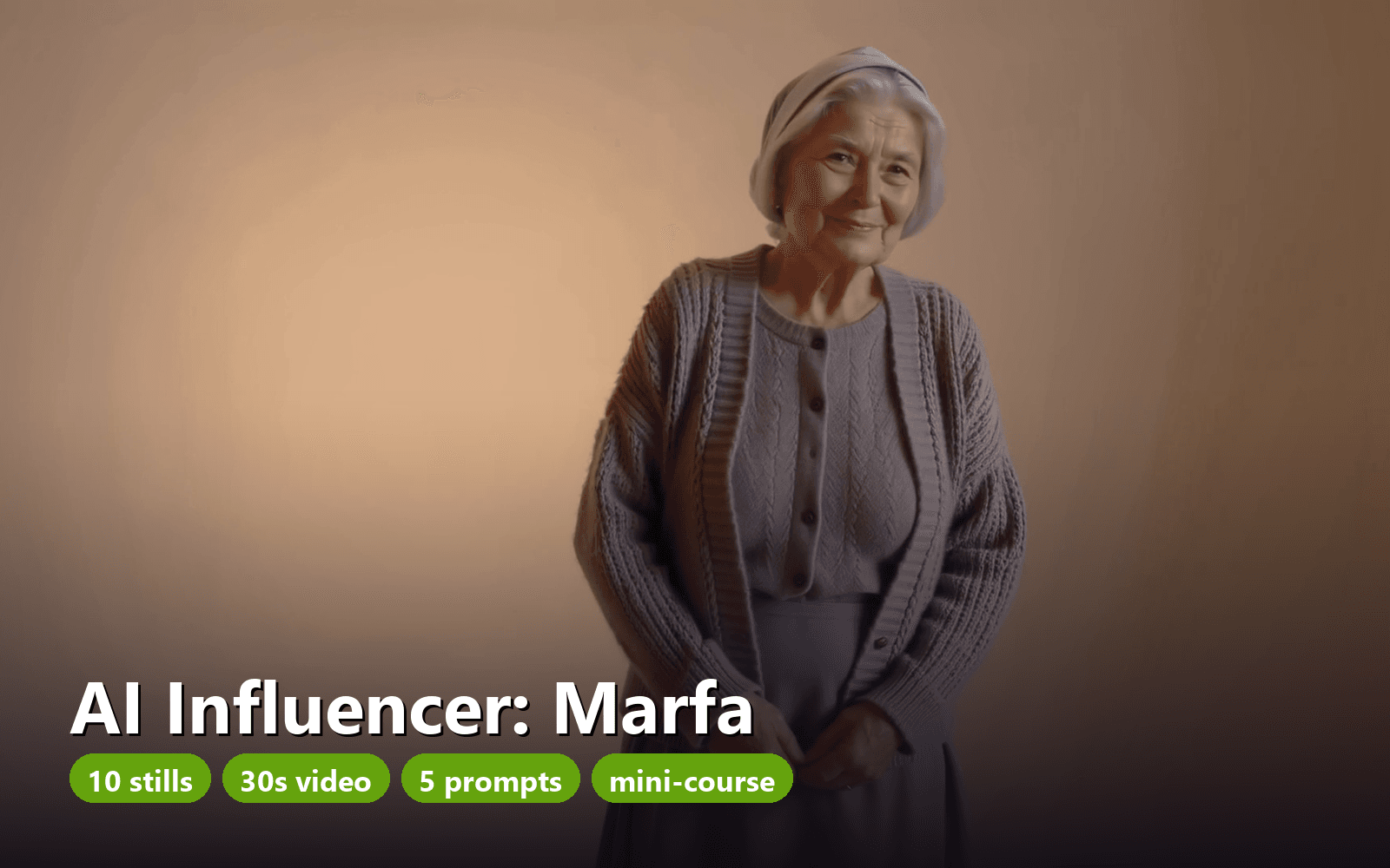 AI Influencer Character Pack: Marfa, Elderly Village Herbalist - 10 Stills, 30s Video, Prompts & Course