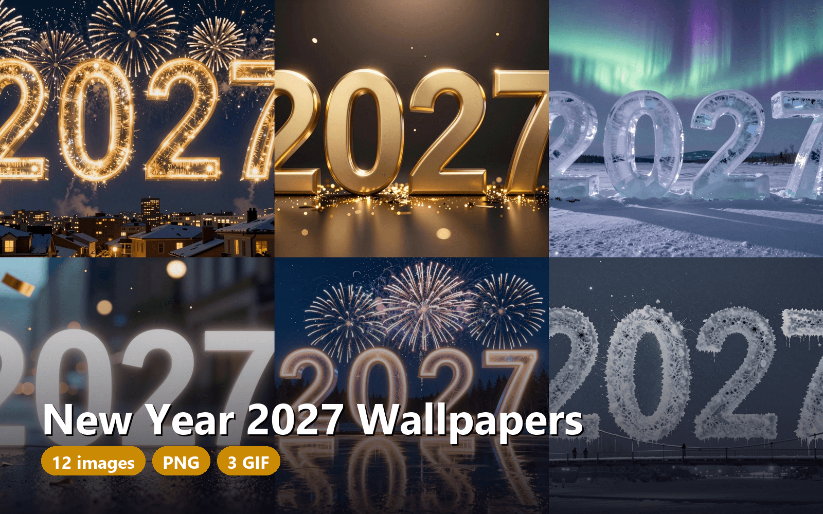 New Year 2027 Wallpapers – 12 PNG (1920x1088) + 3 Animated GIFs | Fireworks, Confetti, Snow