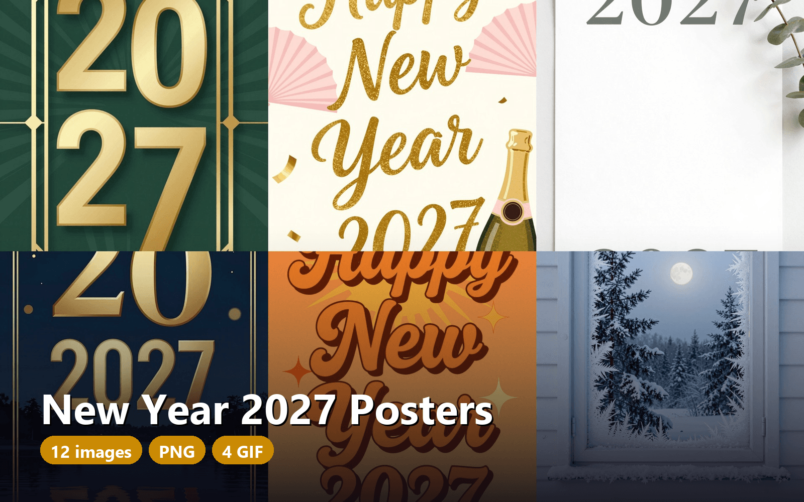 New Year 2027 Posters — 12 PNG (1088x1920) + 4 Animated GIF, Printable Typographic Wall Art