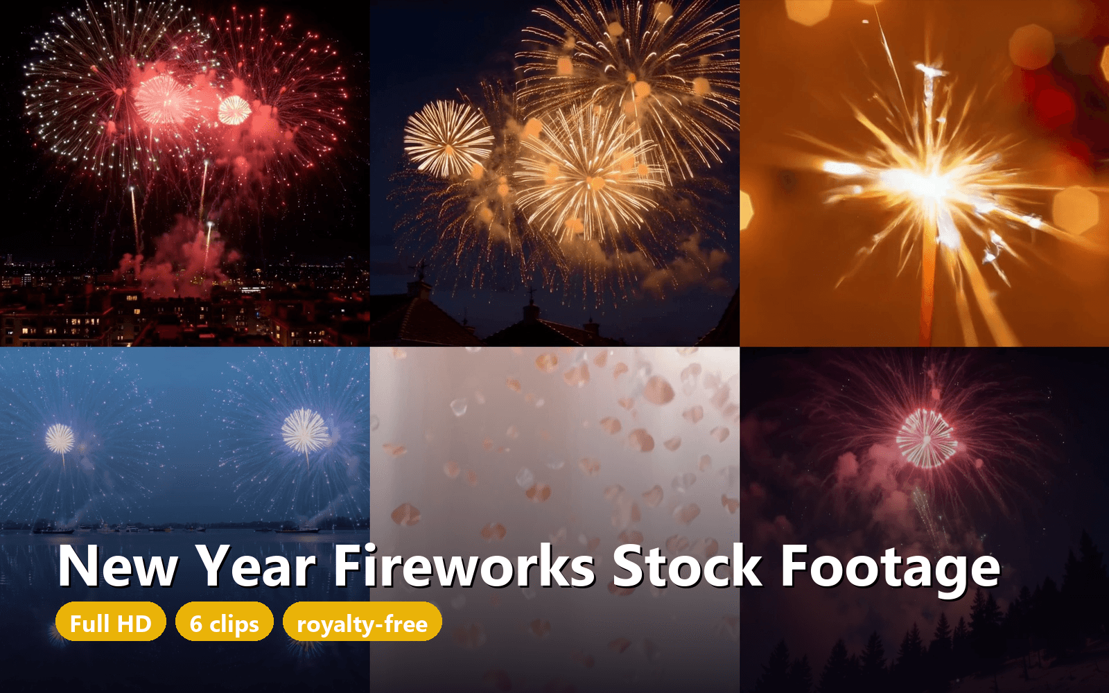 New Year Fireworks Stock Footage - 6 Celebration Clips, Full HD MP4