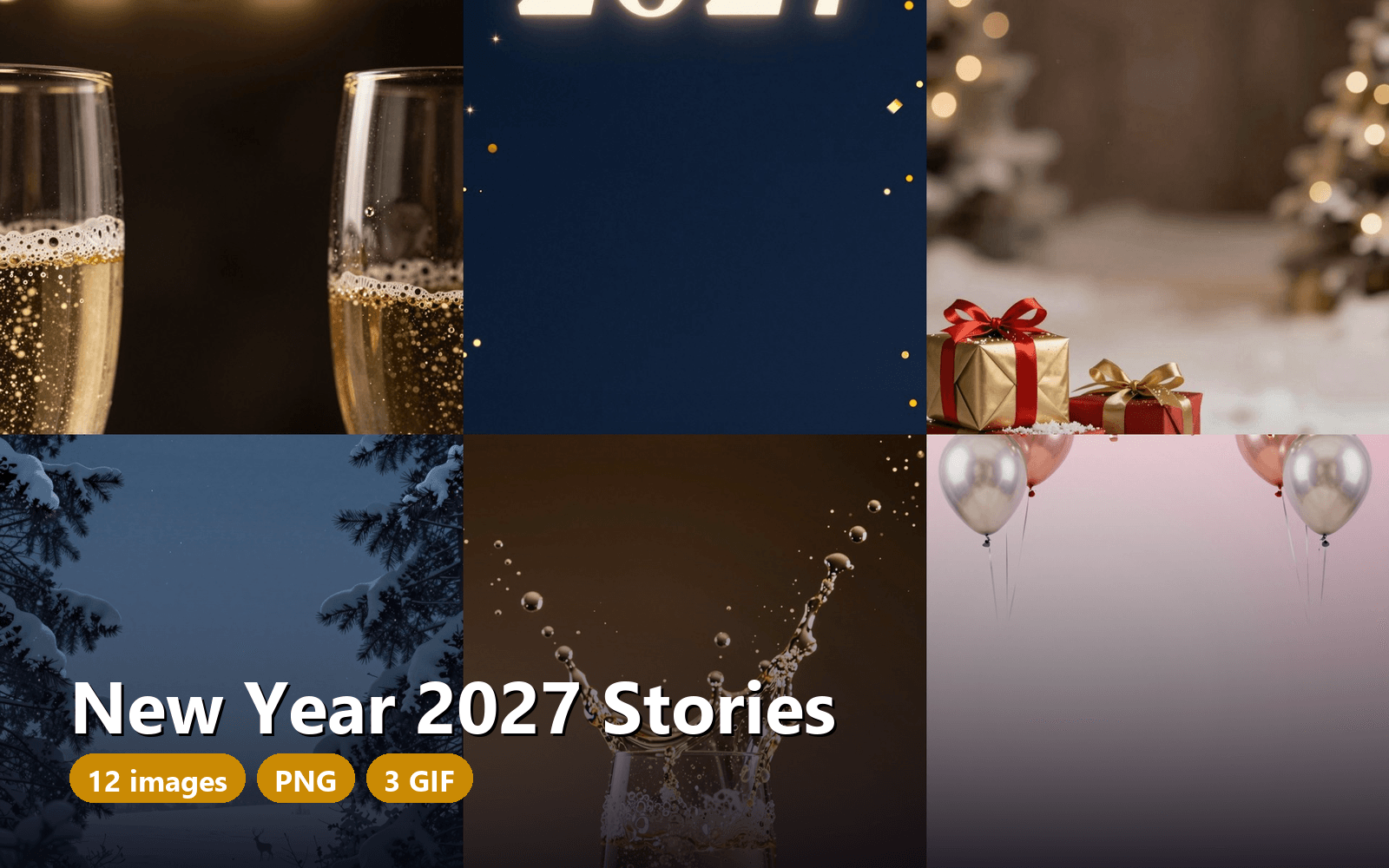 New Year 2027 Story Backgrounds, 12 PNG 1088x1920 + 3 Animated GIF, 9:16 Vertical Instagram TikTok