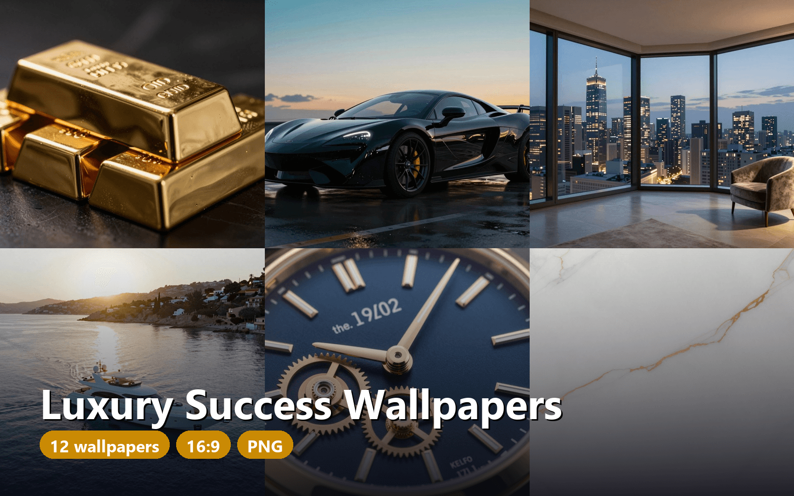 Luxury Success Wallpapers - 12 Gold, Marble & Penthouse 16:9 Backgrounds, PNG