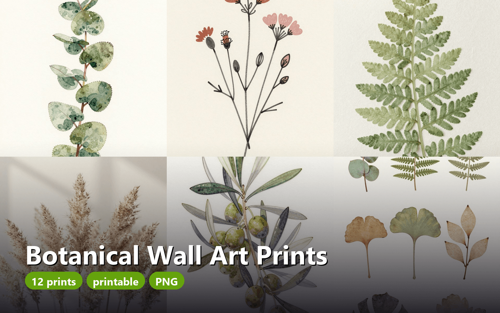 Botanical Wall Art Prints - 12 Printable Watercolor & Line Art Plants, PNG