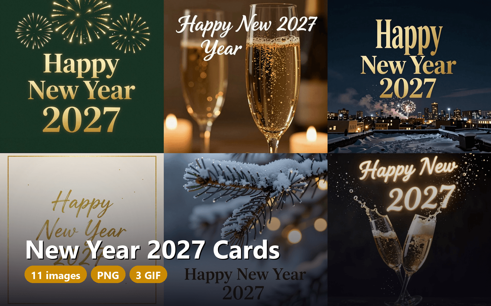 New Year 2027 Greeting Cards – 11 PNG 1088x1088 + 3 Animated GIF, Gold Champagne Minimal Luxury