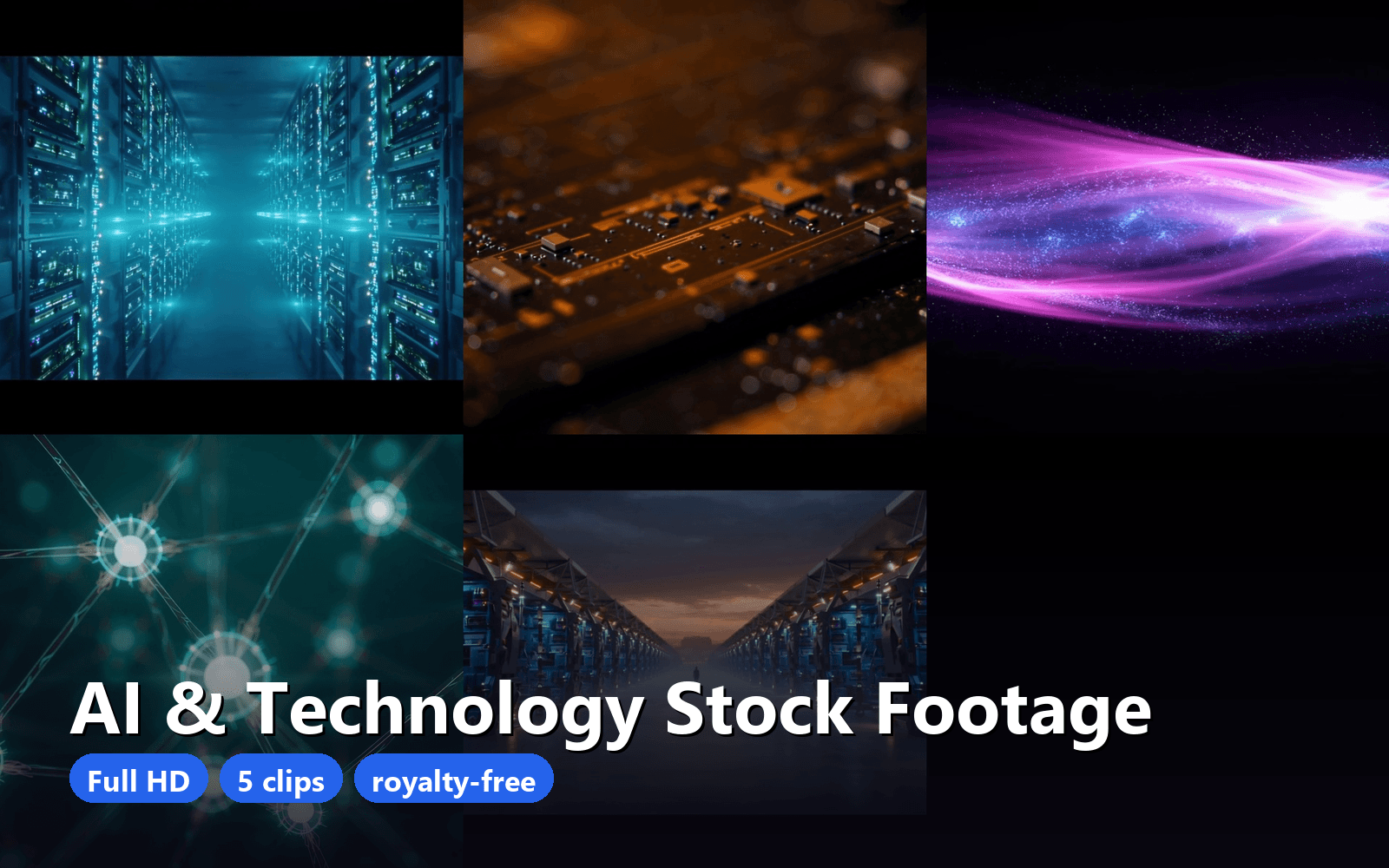 AI & Technology Stock Footage - 5 Data Center & Neural Network Clips, Full HD