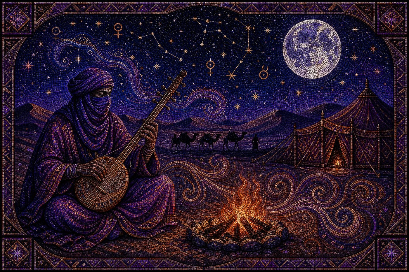 Music Beneath the Desert Moon — Sahara Mosaic Digital Art
