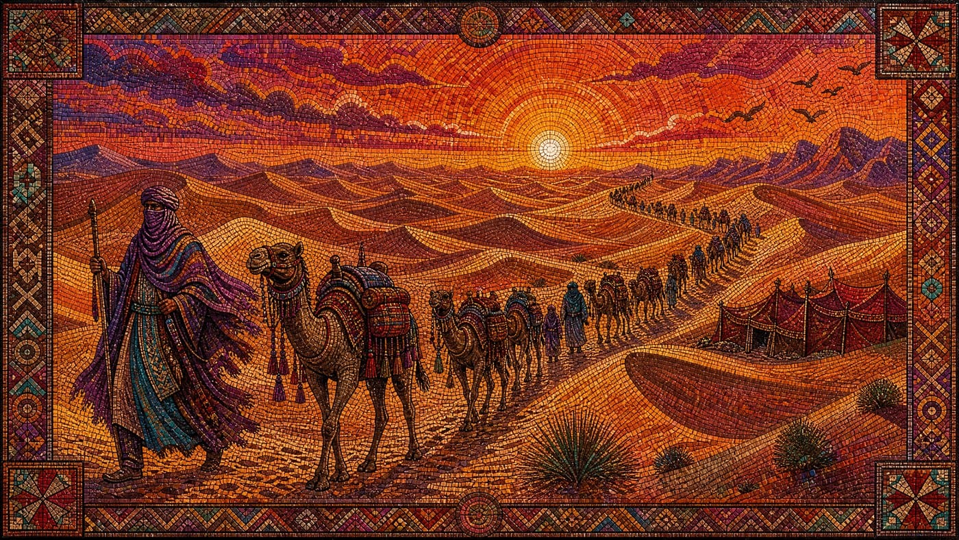 Caravan Across the Burning Dunes — Sahara Mosaic Digital Art