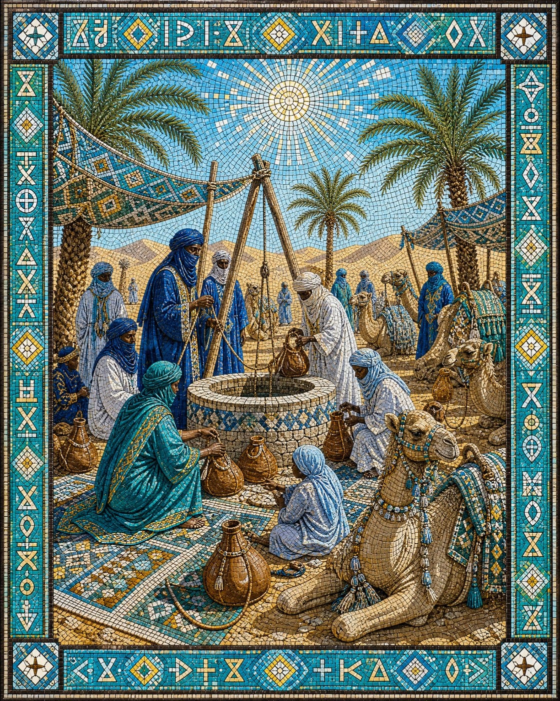 The Communal Well — Saharan Life Mosaic Artwork