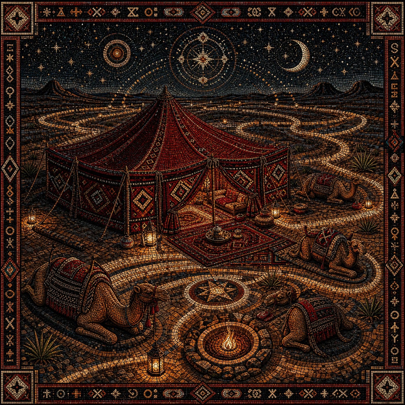 The Starlit Leather Tent — Sahara Mosaic Artwork