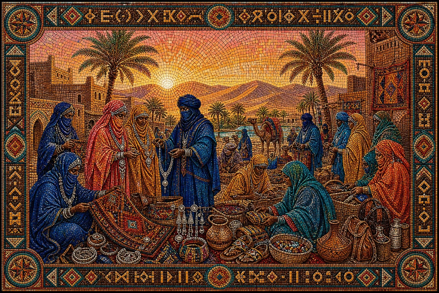 Oasis Market at Dawn — Sahara Mosaic Digital Art