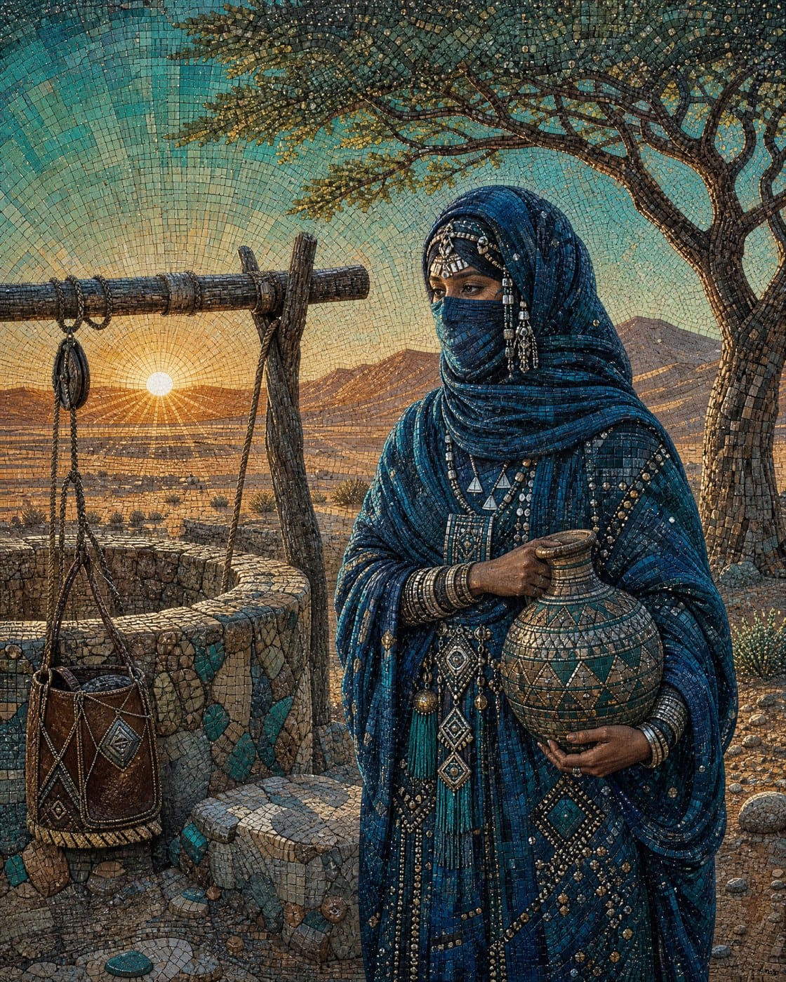 Tuareg Water Carrier at Dawn — Sahara Mosaic