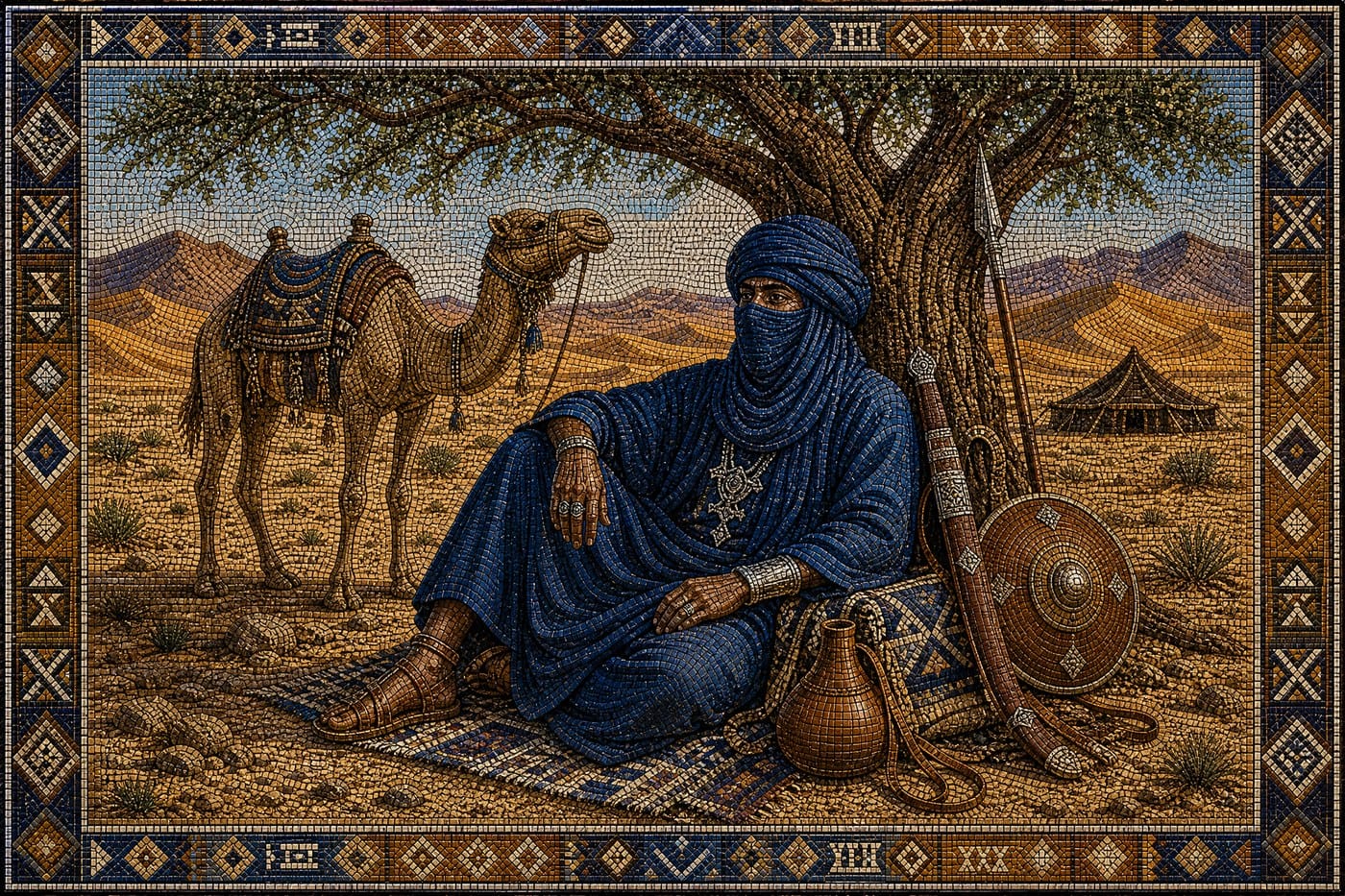 Rest Beneath the Acacia — Tuareg Warrior Mosaic Art