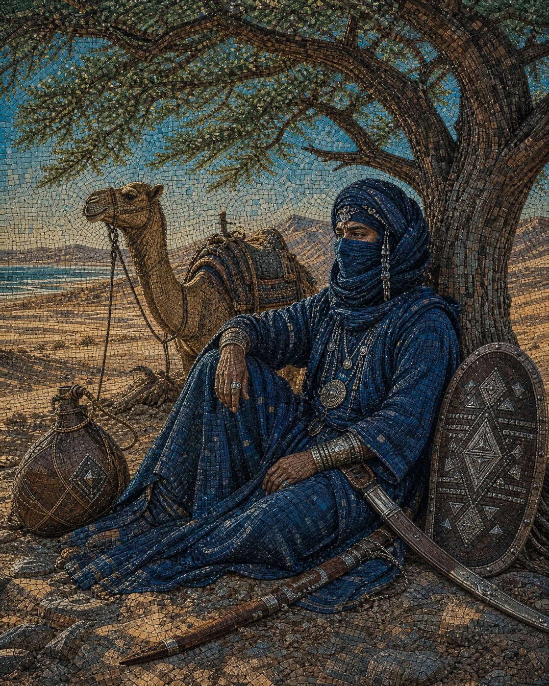 Warrior Beneath the Acacia — Sahara Mosaic