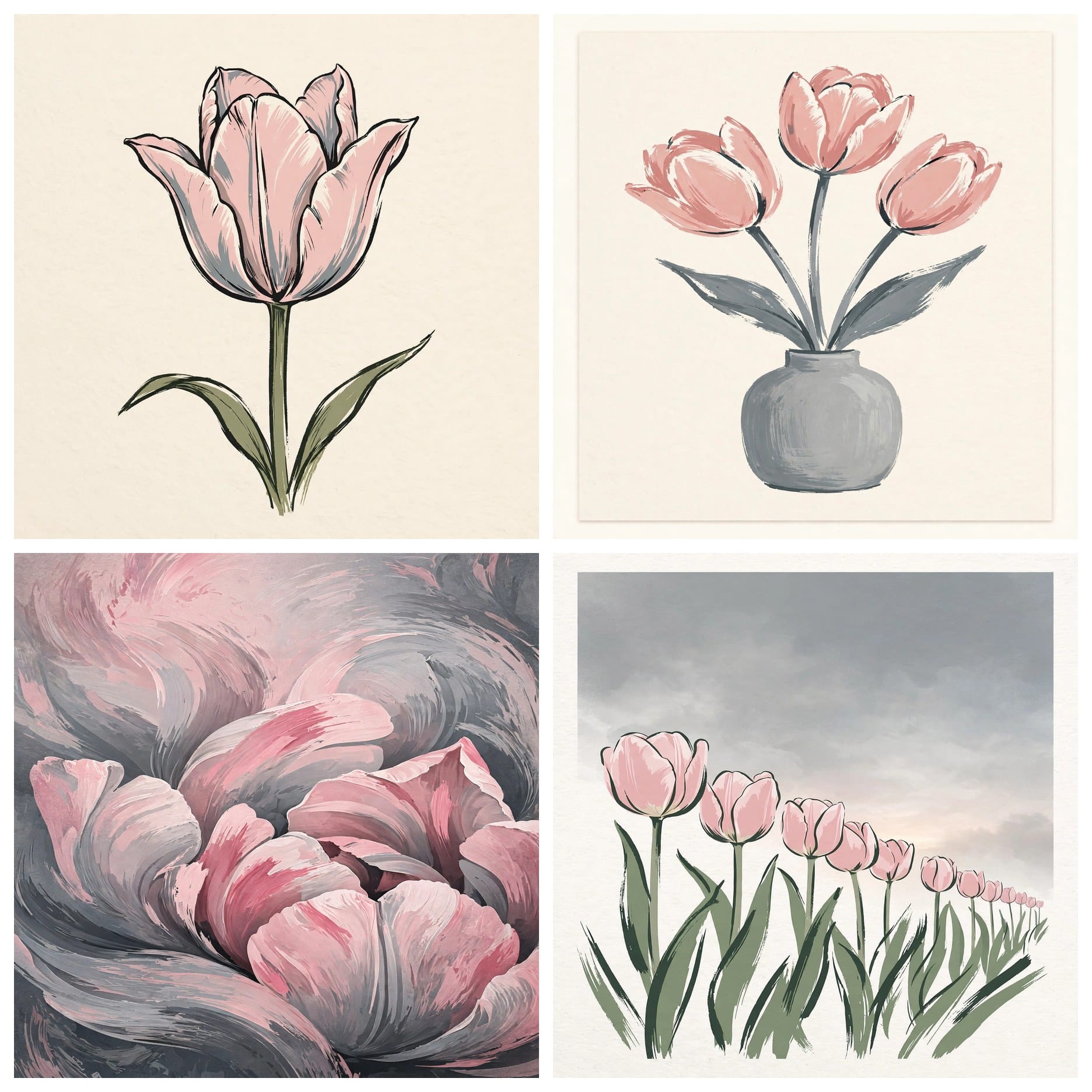 Set of four botanical tulip wall art prints with pink flowers and gray accents on cream backgrounds