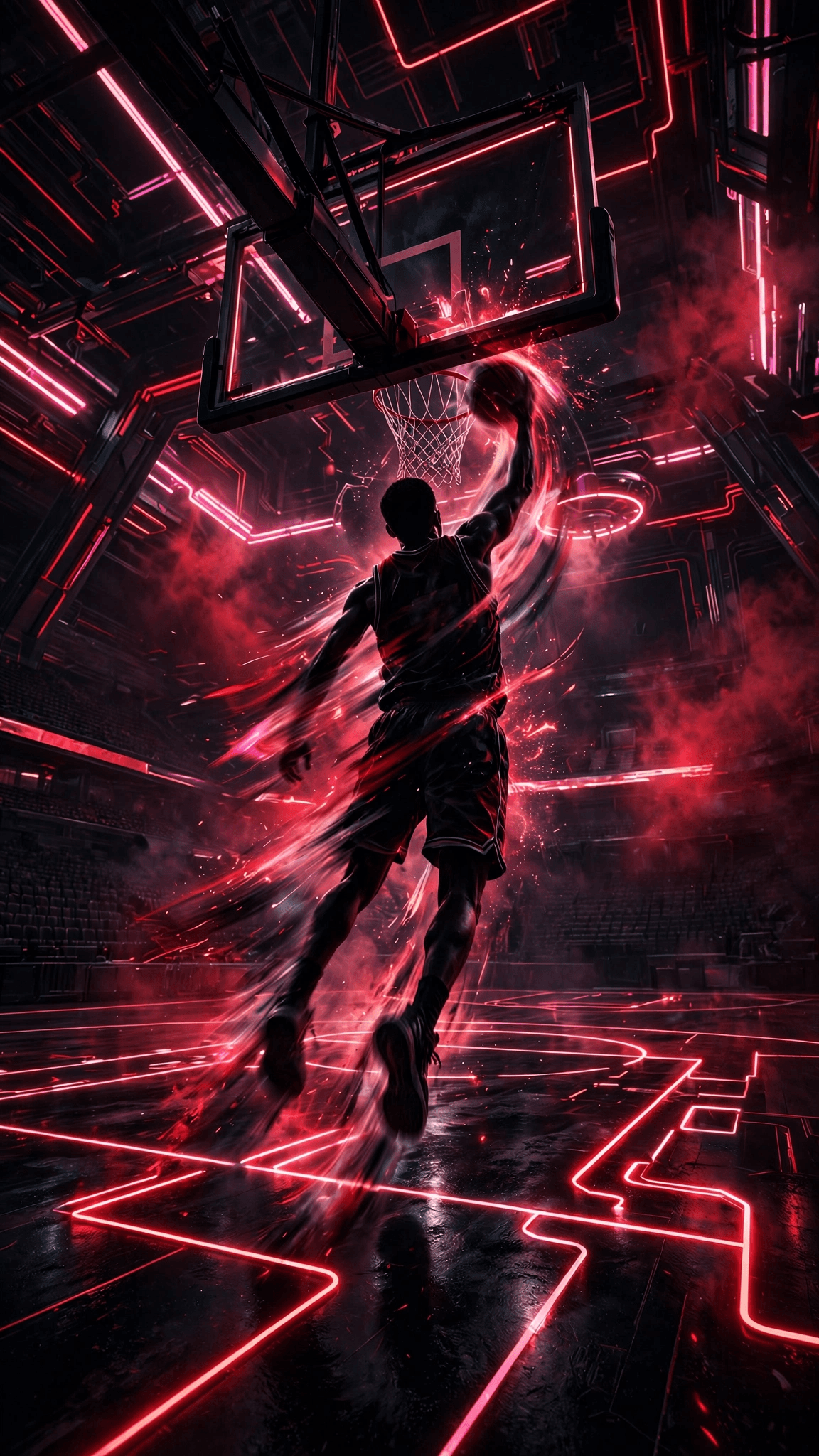 Neon cyber basketball arena wallpaper with a silhouetted player dunking amid red light trails and sparks