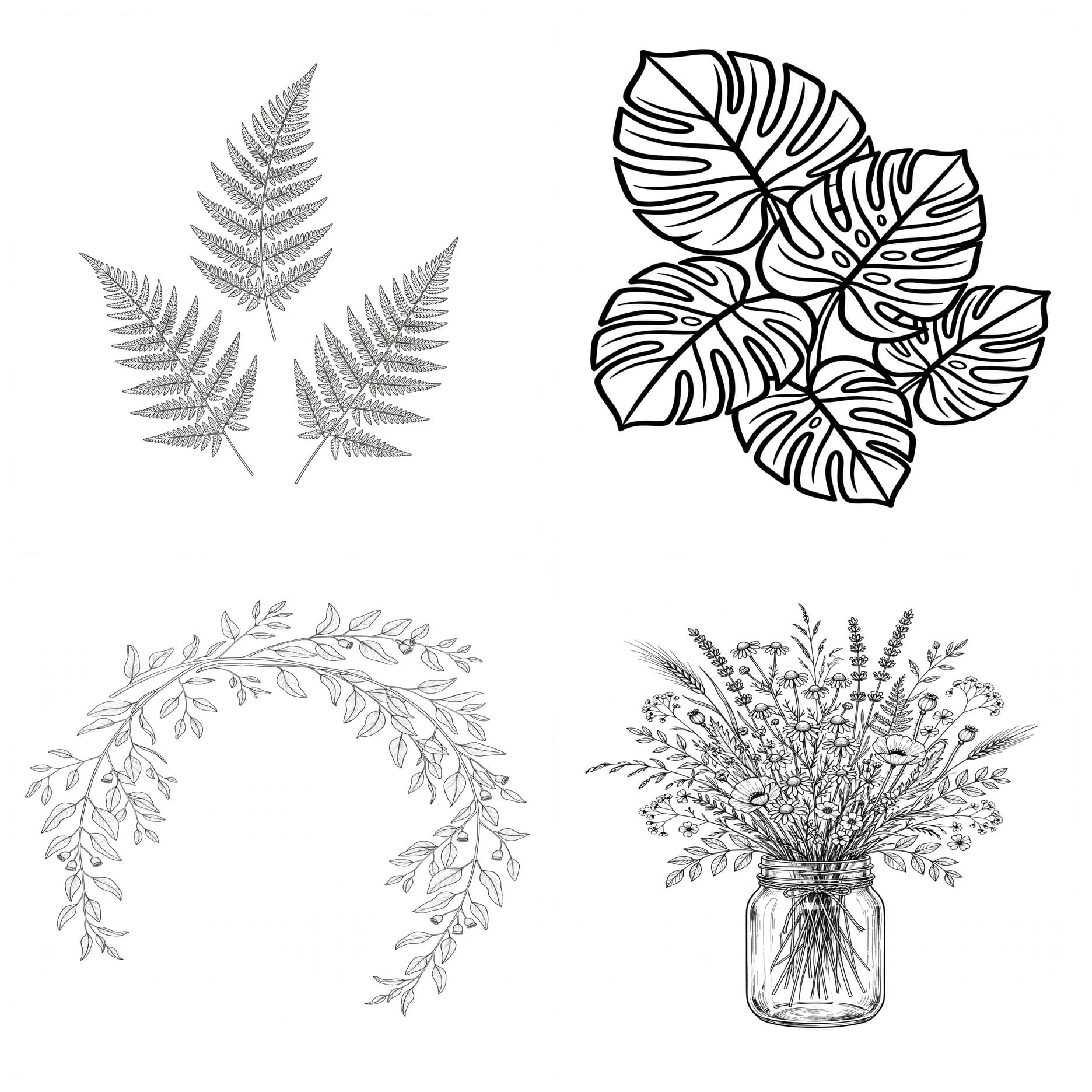 Black and white botanical line art prints set showing fern, leaves, and flowers in four designs
