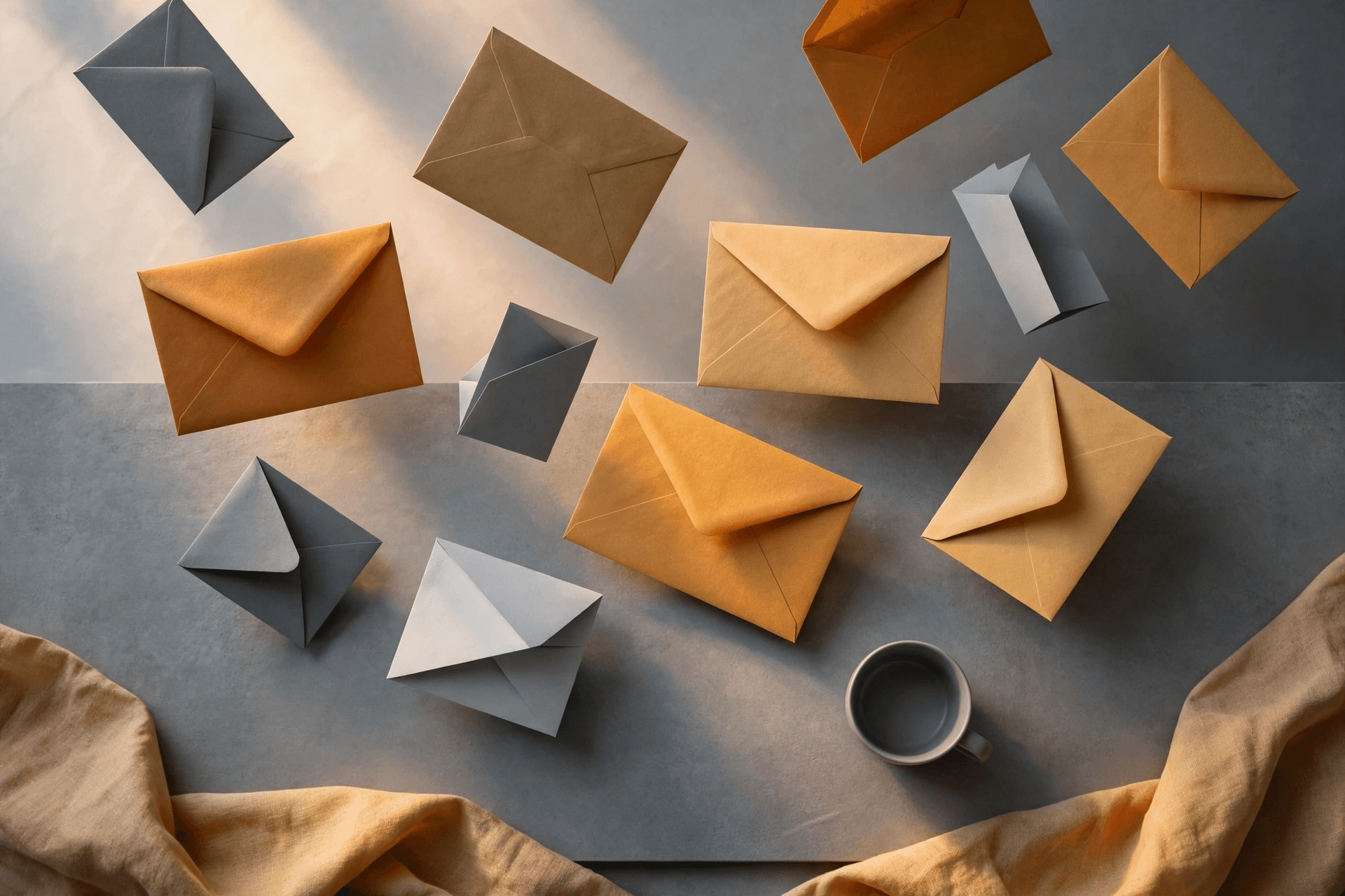Assorted color envelopes and coffee on a desk, representing an AI prompt pack for high-converting email marketing