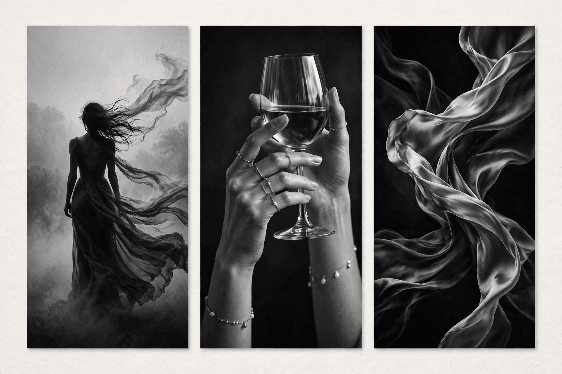 Black and white triptych wall art set with three panels showing a woman in flowing fabric and hands holding a wine glass