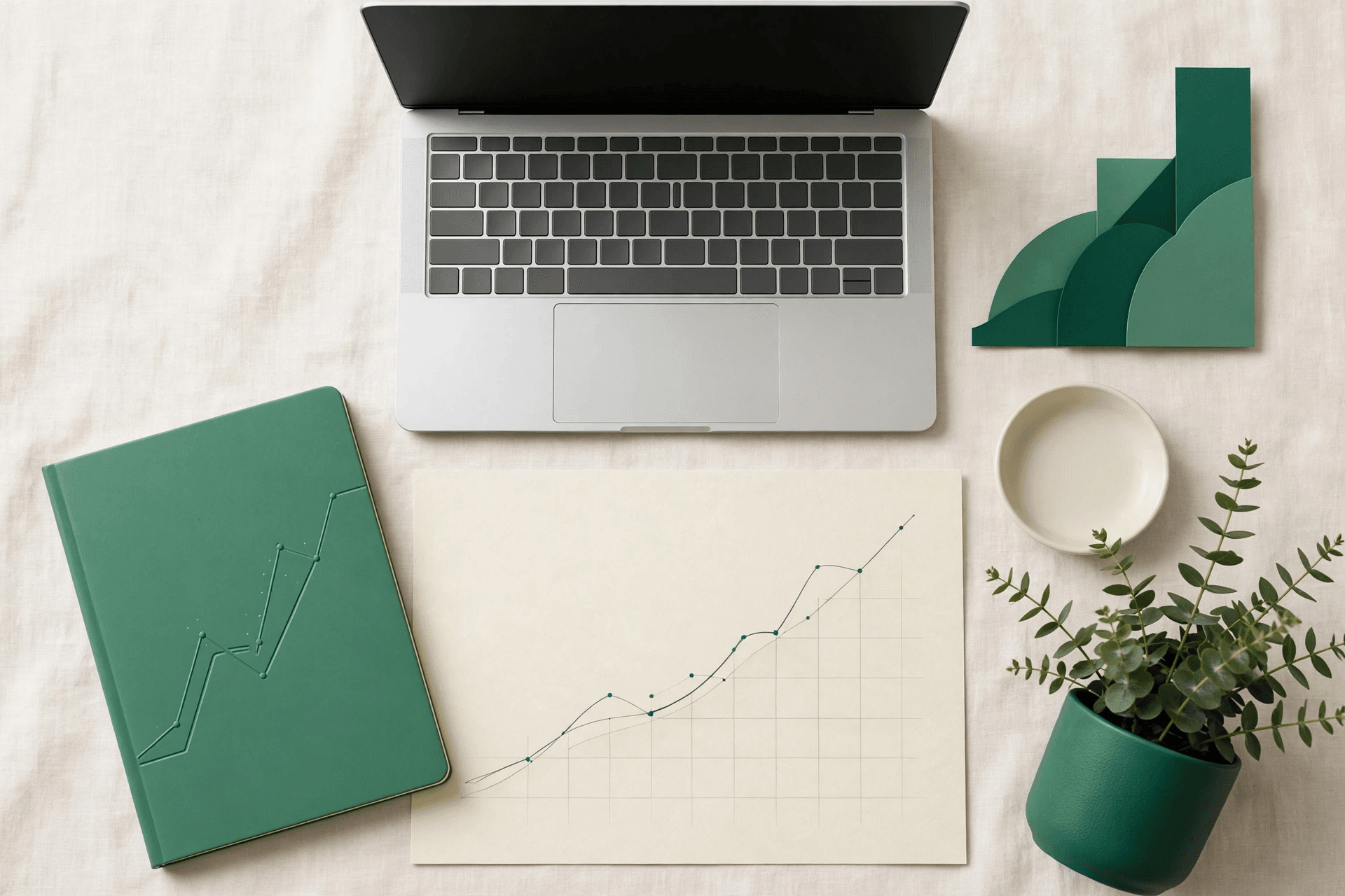 Top-down desk layout with open laptop, SEO graph sheet, notebook, and plant showing an AI SEO prompt pack