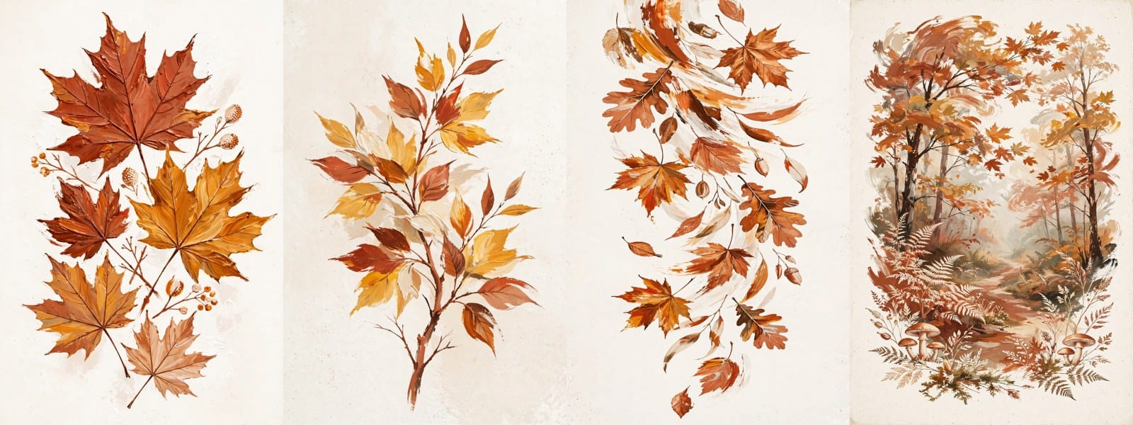 Set of four botanical autumn wall art prints featuring illustrated maple leaves, branches, and mushrooms on beige