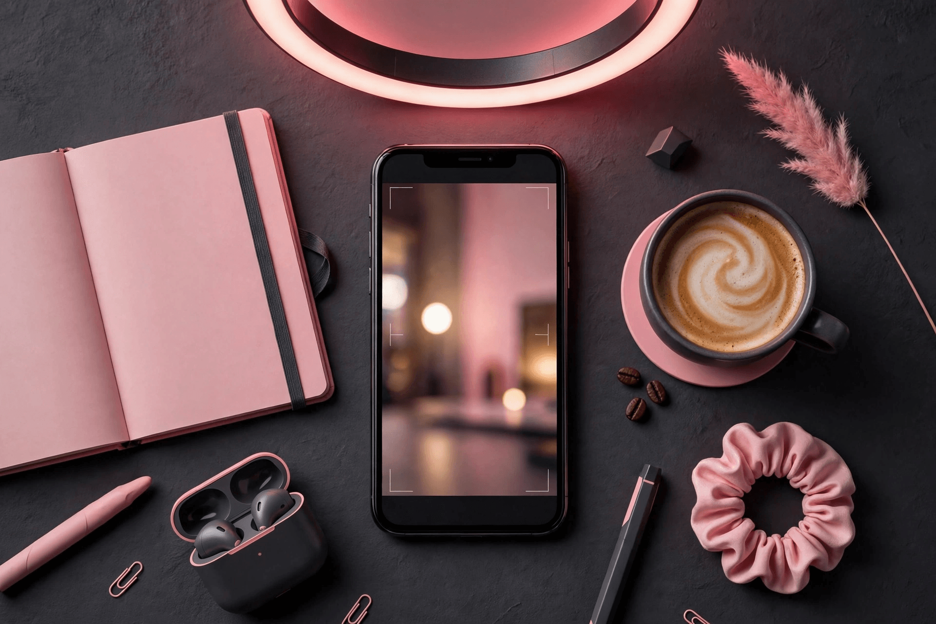 Flat lay of smartphone and coffee with notebooks, marketing prompt pack for Instagram Reels hooks and scripts