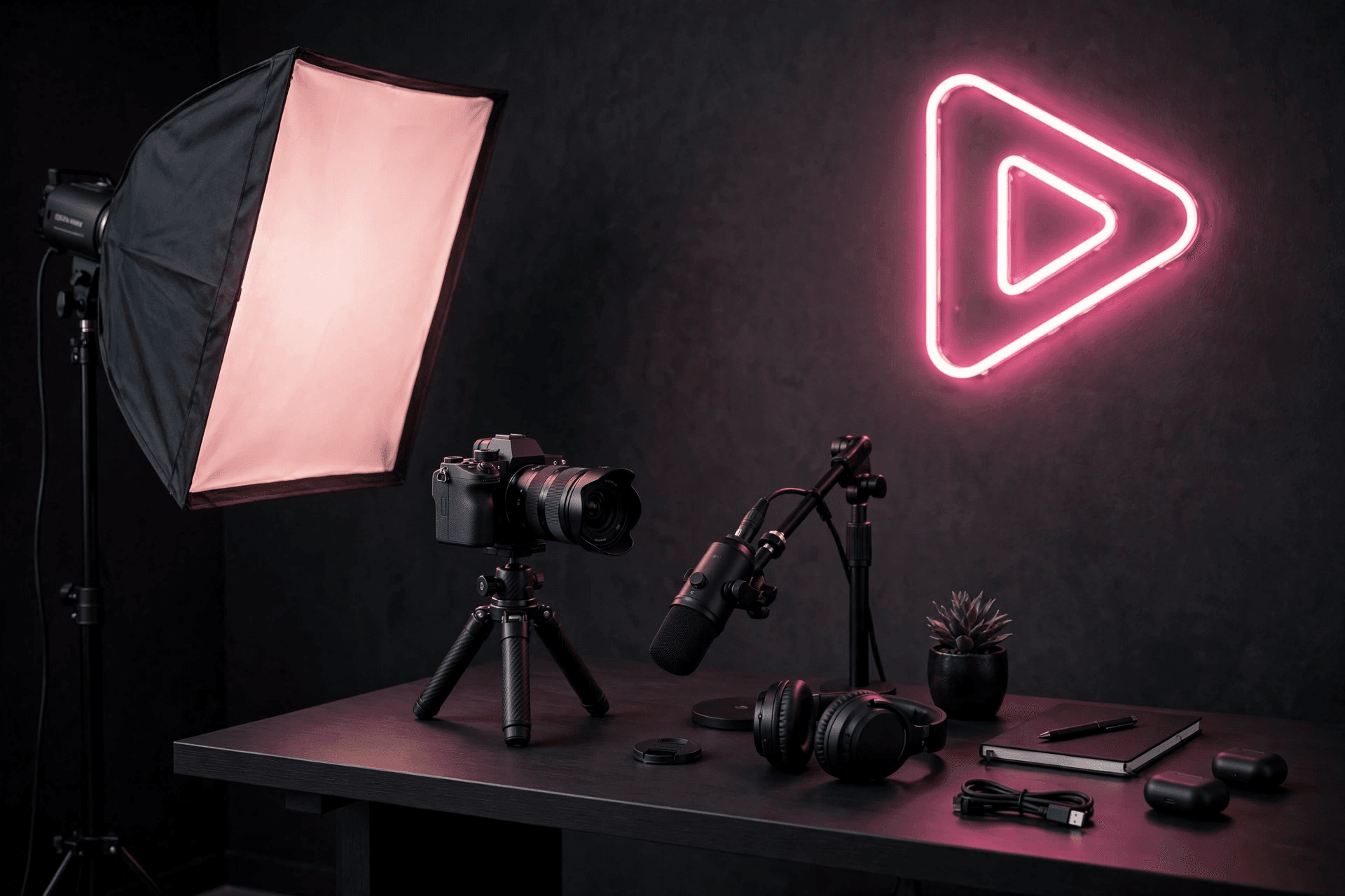 YouTube creator prompt pack for growth with studio lighting, camera gear, and neon play icon background