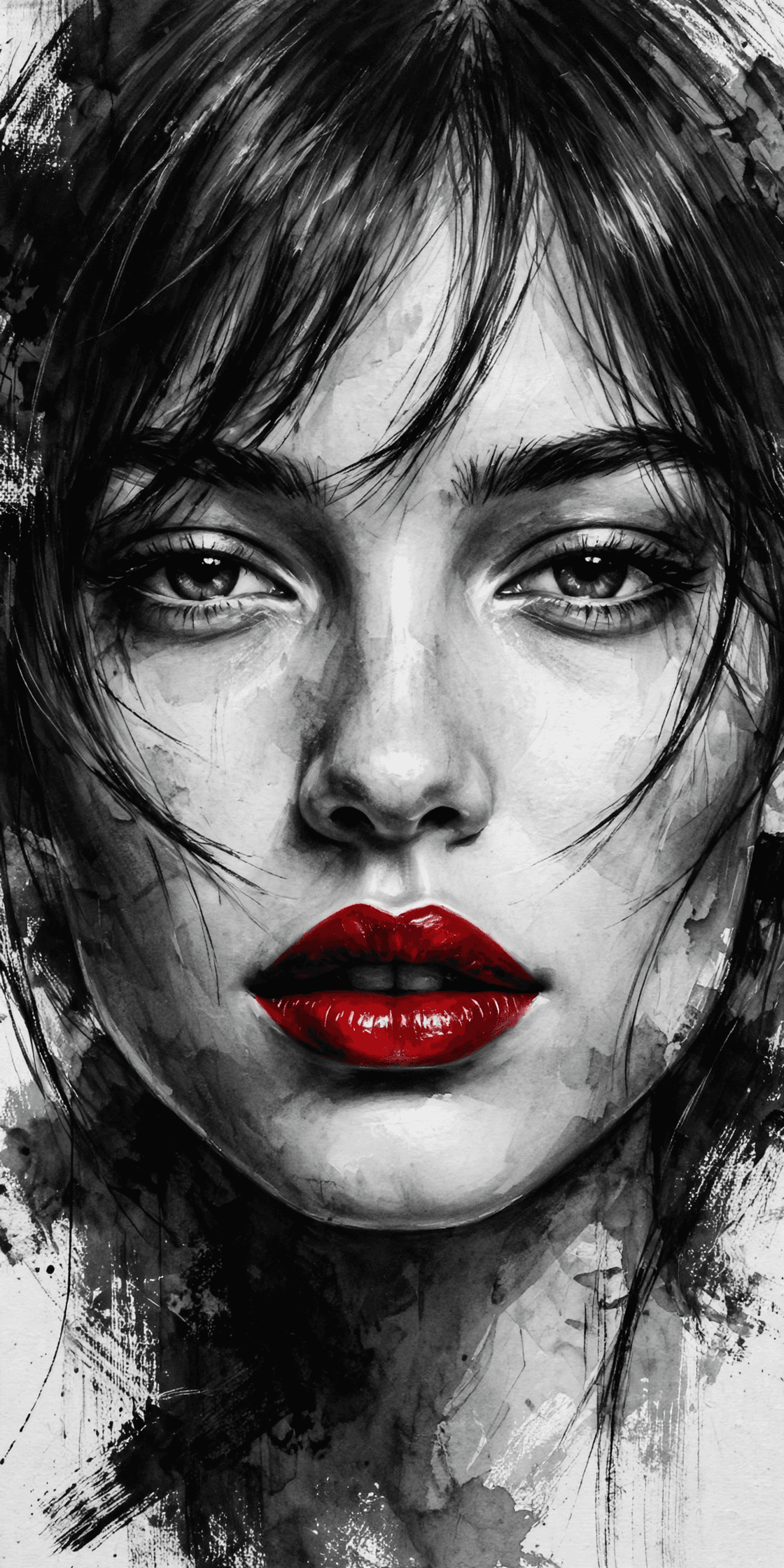 Black and white woman portrait with long wet hair and vivid red lips, printable wall art for home decor
