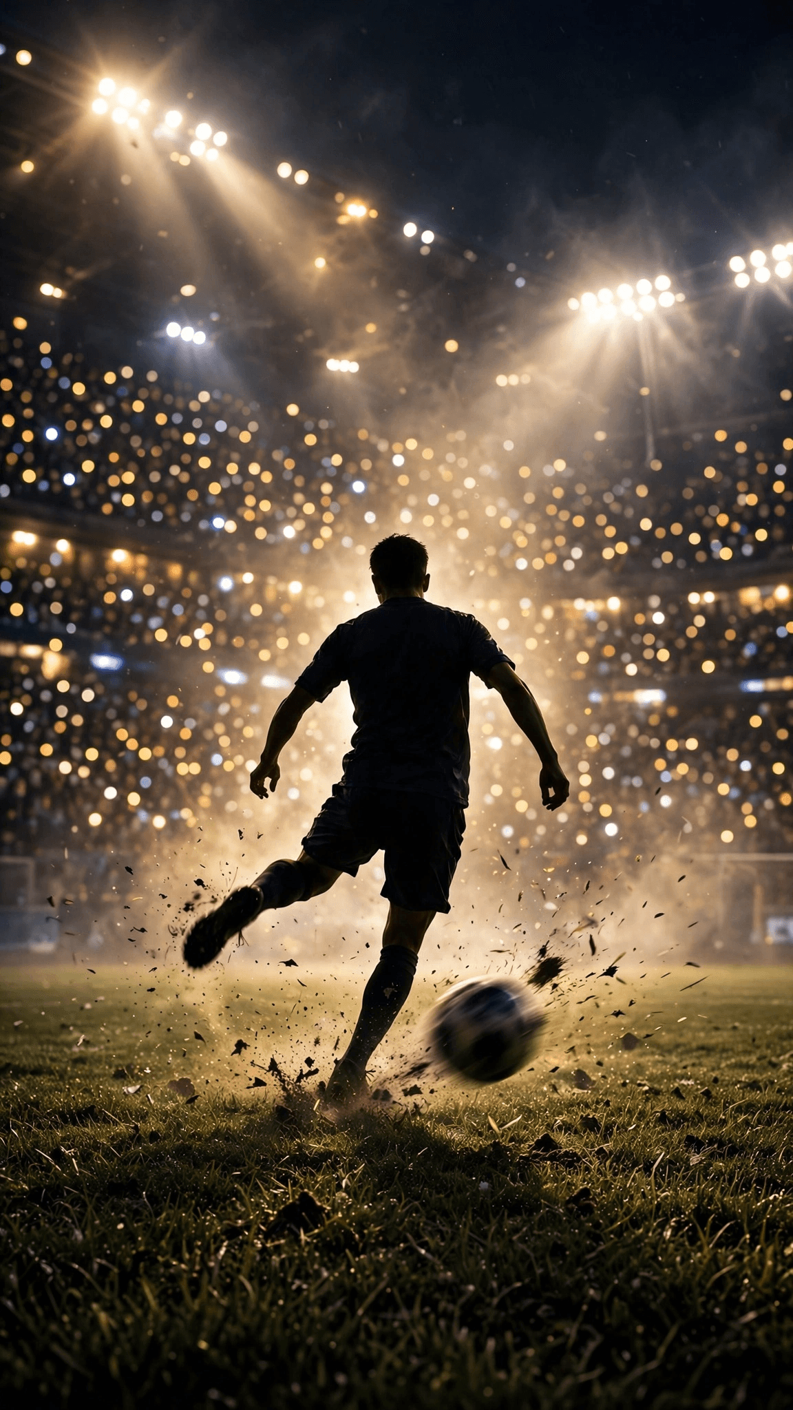 Silhouetted soccer player kicking a ball in a stadium at night with golden spotlights and dust sparks wallpaper