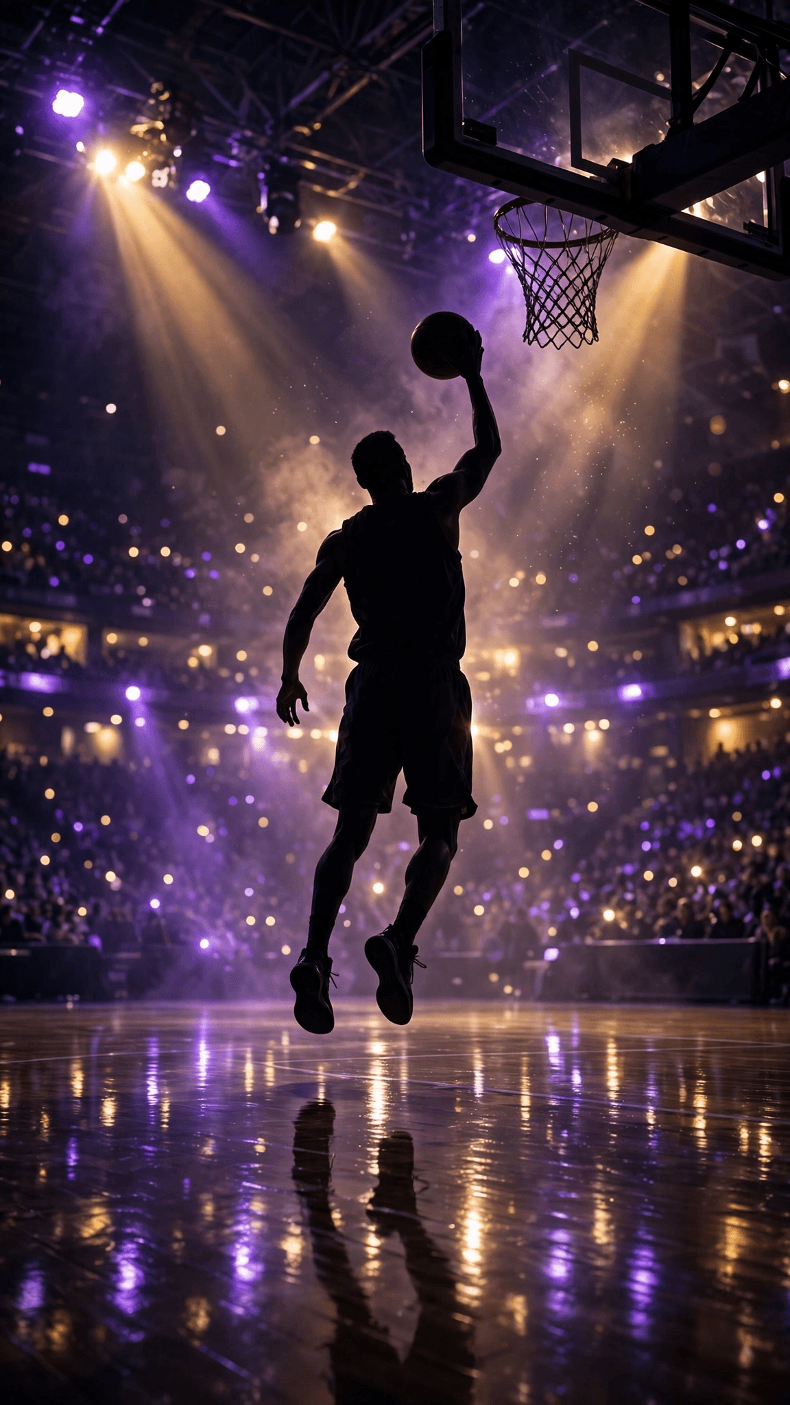 Silhouette basketball player dunking in a purple-and-gold arena lights mobile wallpaper background