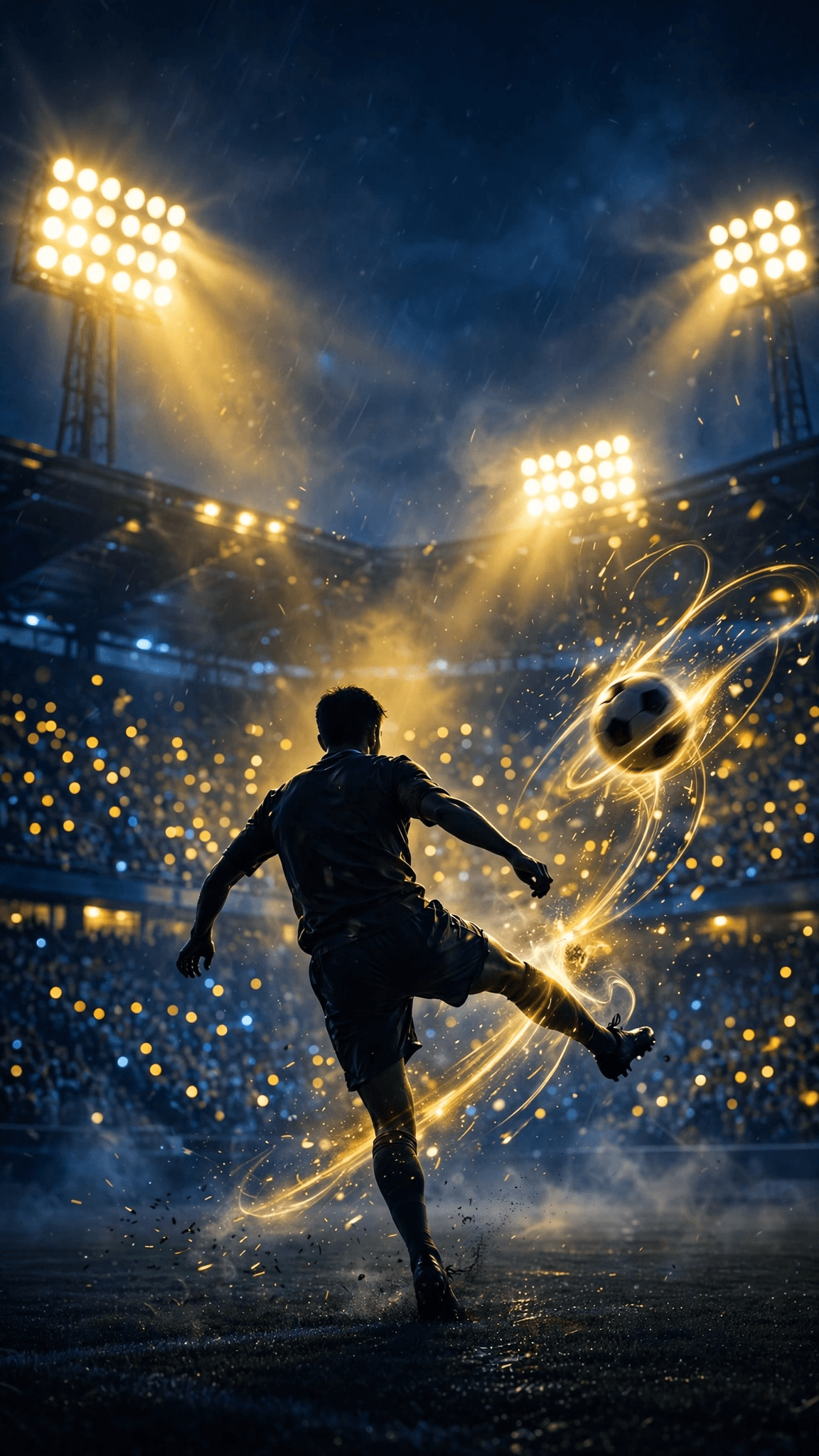 Silhouette footballer in a stadium, glowing golden sparks and energy trails, mobile wallpaper background design