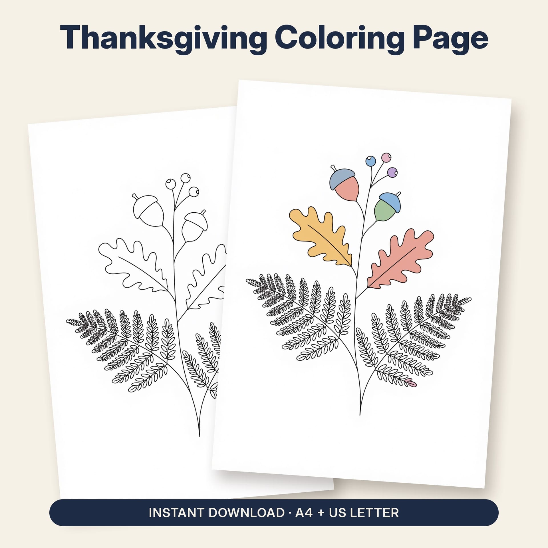 Thanksgiving Coloring Page Printable – listing cover with the blank and the colored-in page