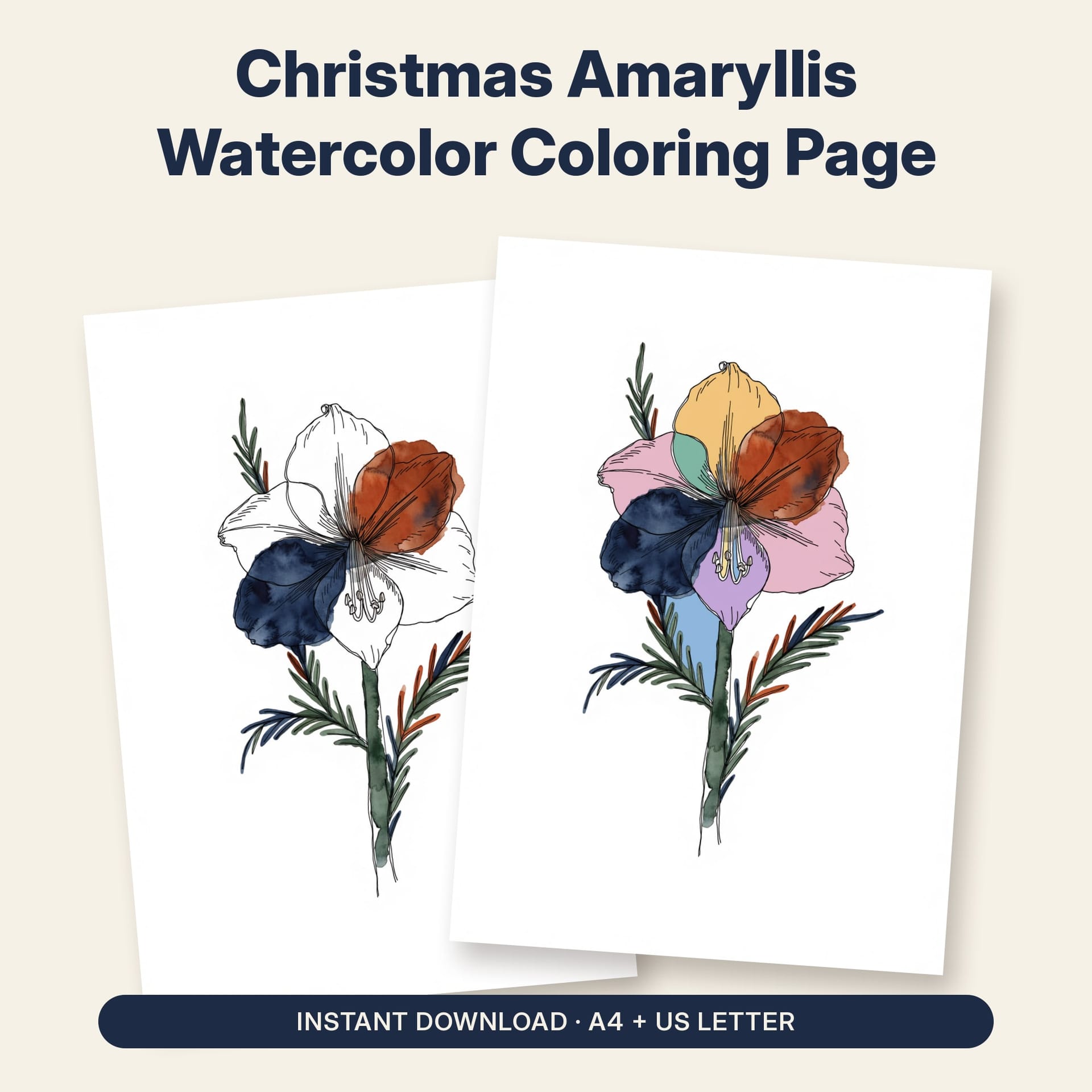 Christmas Amaryllis Watercolor Coloring Page Printable – listing cover with the blank and the colored-in page