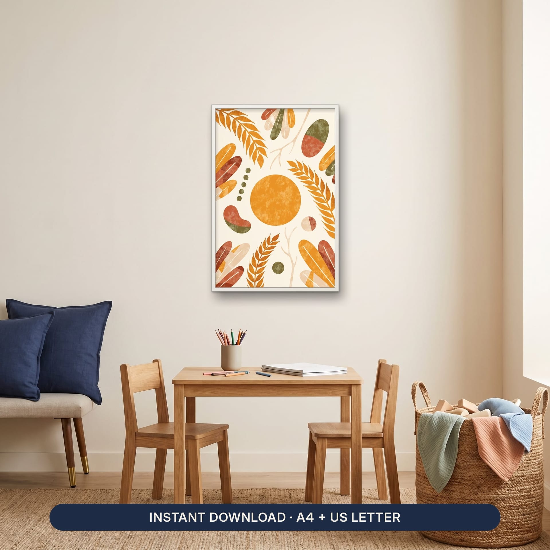 Boho Abstract Harvest Sun Botanical Wall Art Printable – printable wall art framed in a room