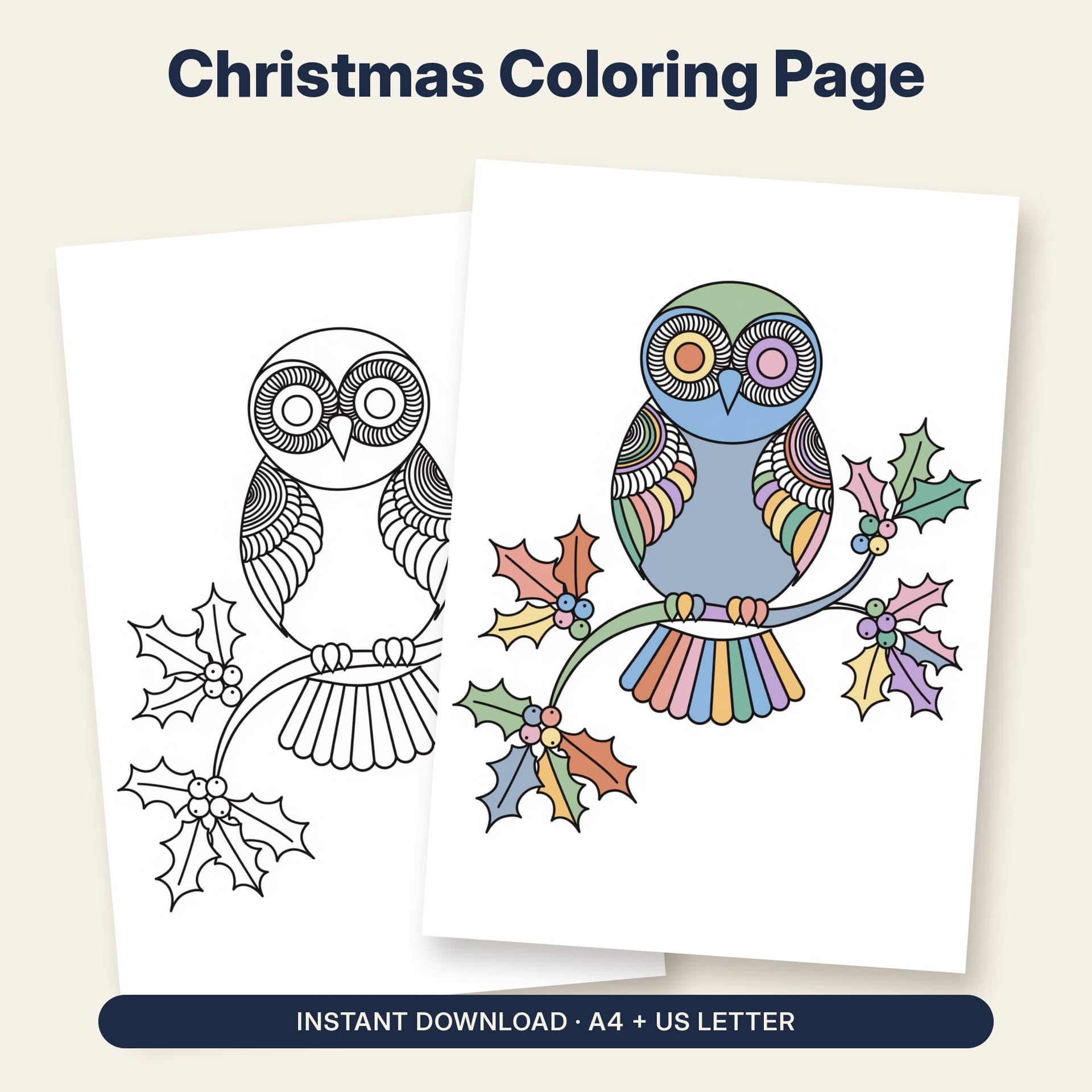 Christmas Coloring Page Printable – listing cover with the blank and the colored-in page