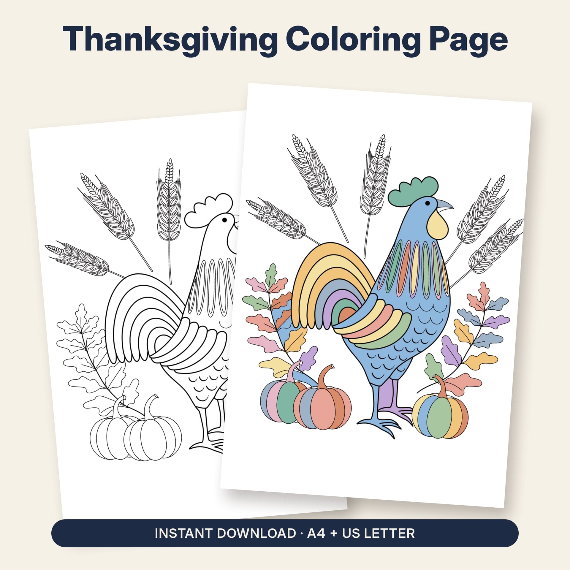 Thanksgiving Coloring Page Printable – listing cover with the blank and the colored-in page