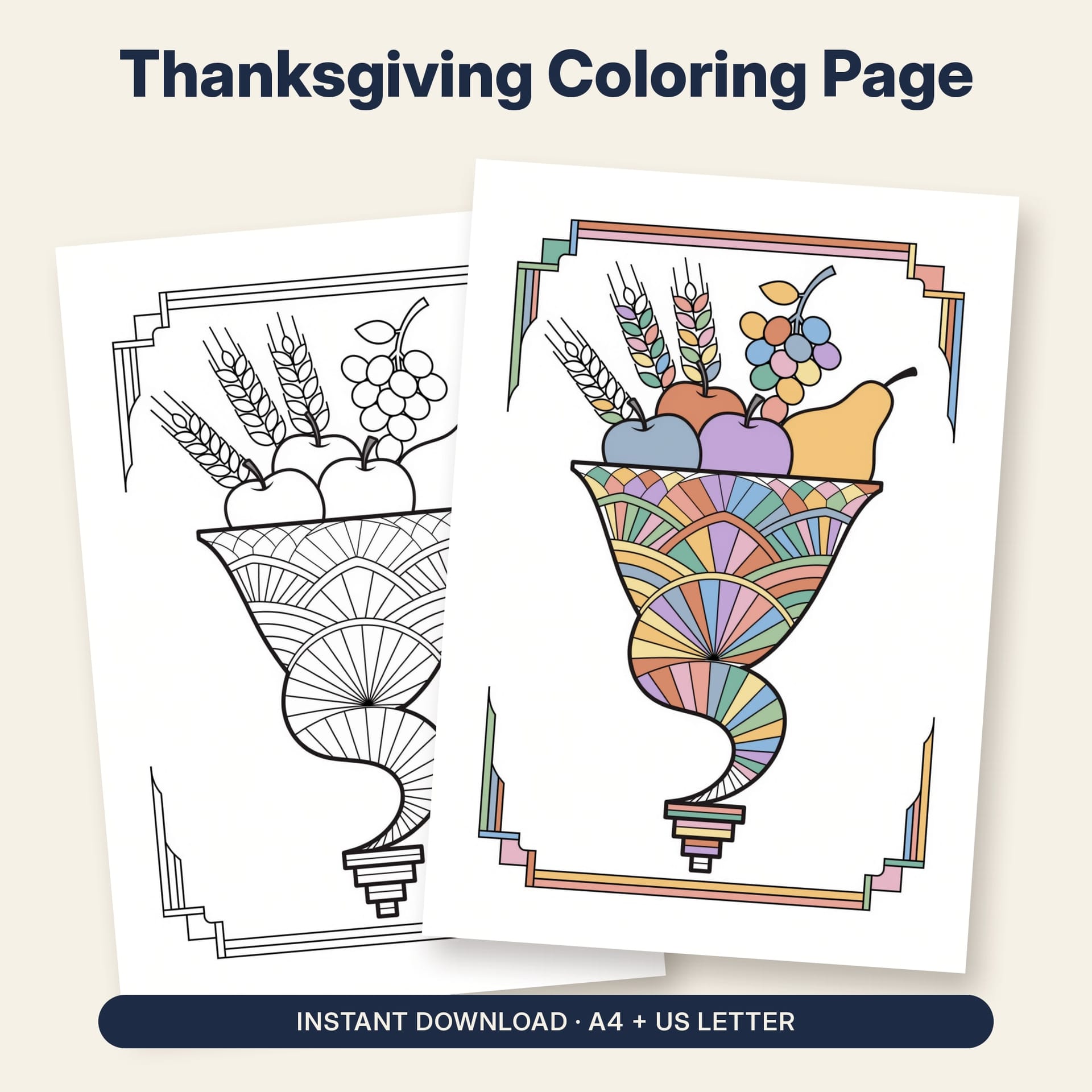 Thanksgiving Coloring Page Printable – listing cover with the blank and the colored-in page