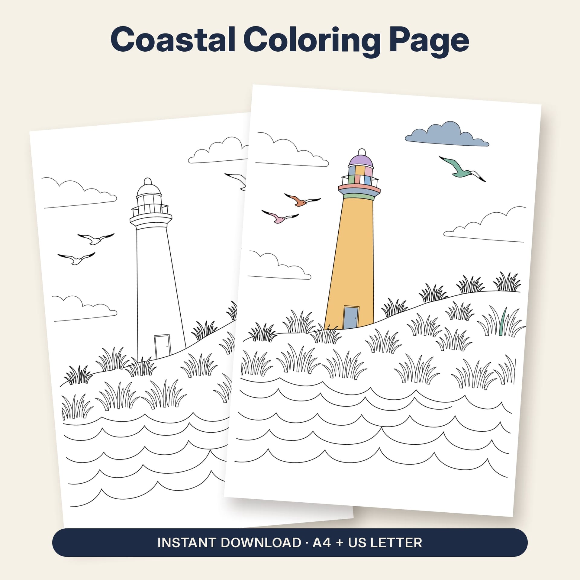 Coastal Coloring Page Printable – listing cover with the blank and the colored-in page