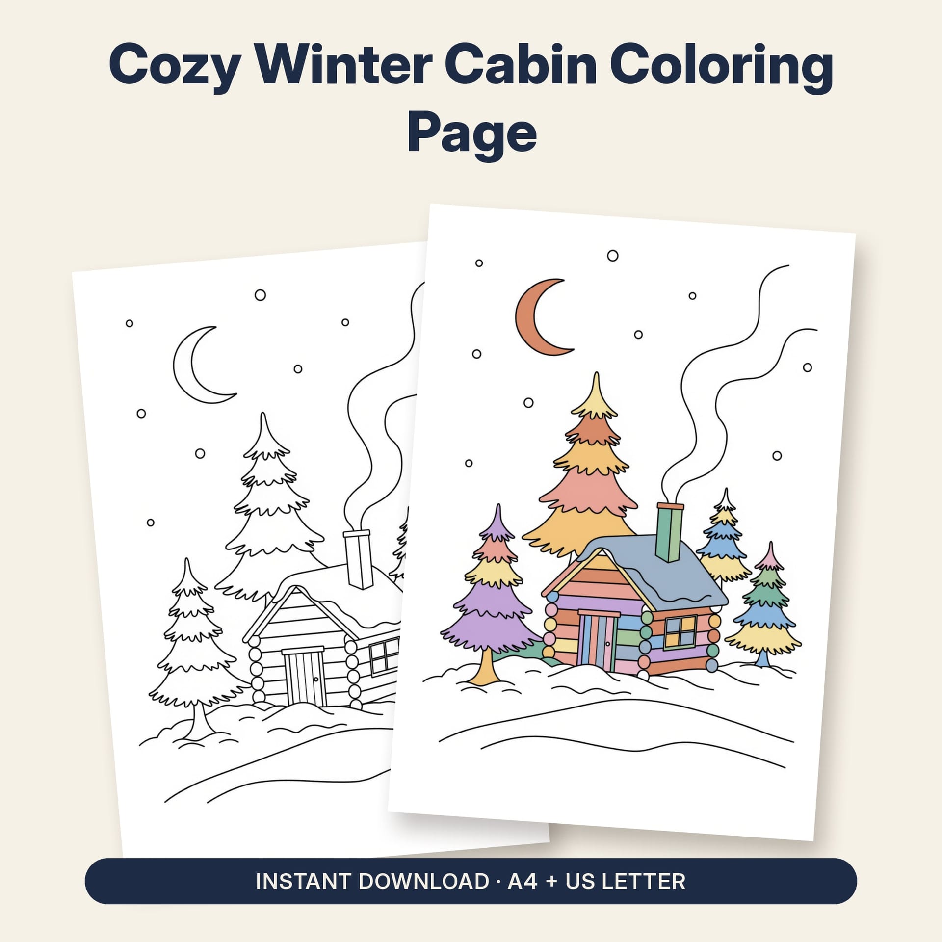 Cozy Winter Cabin Coloring Page – listing cover with the blank and the colored-in page