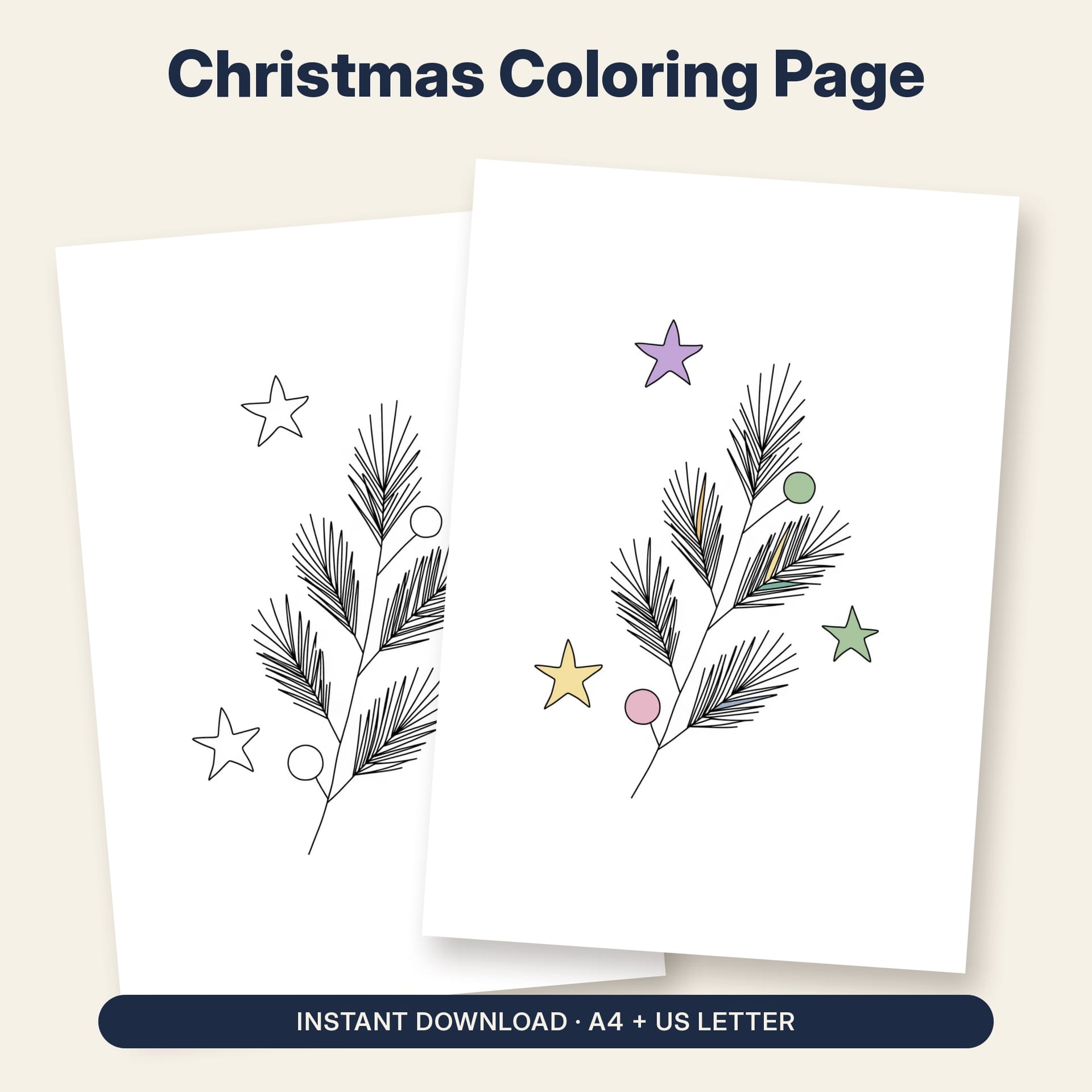 Christmas Coloring Page Printable – listing cover with the blank and the colored-in page
