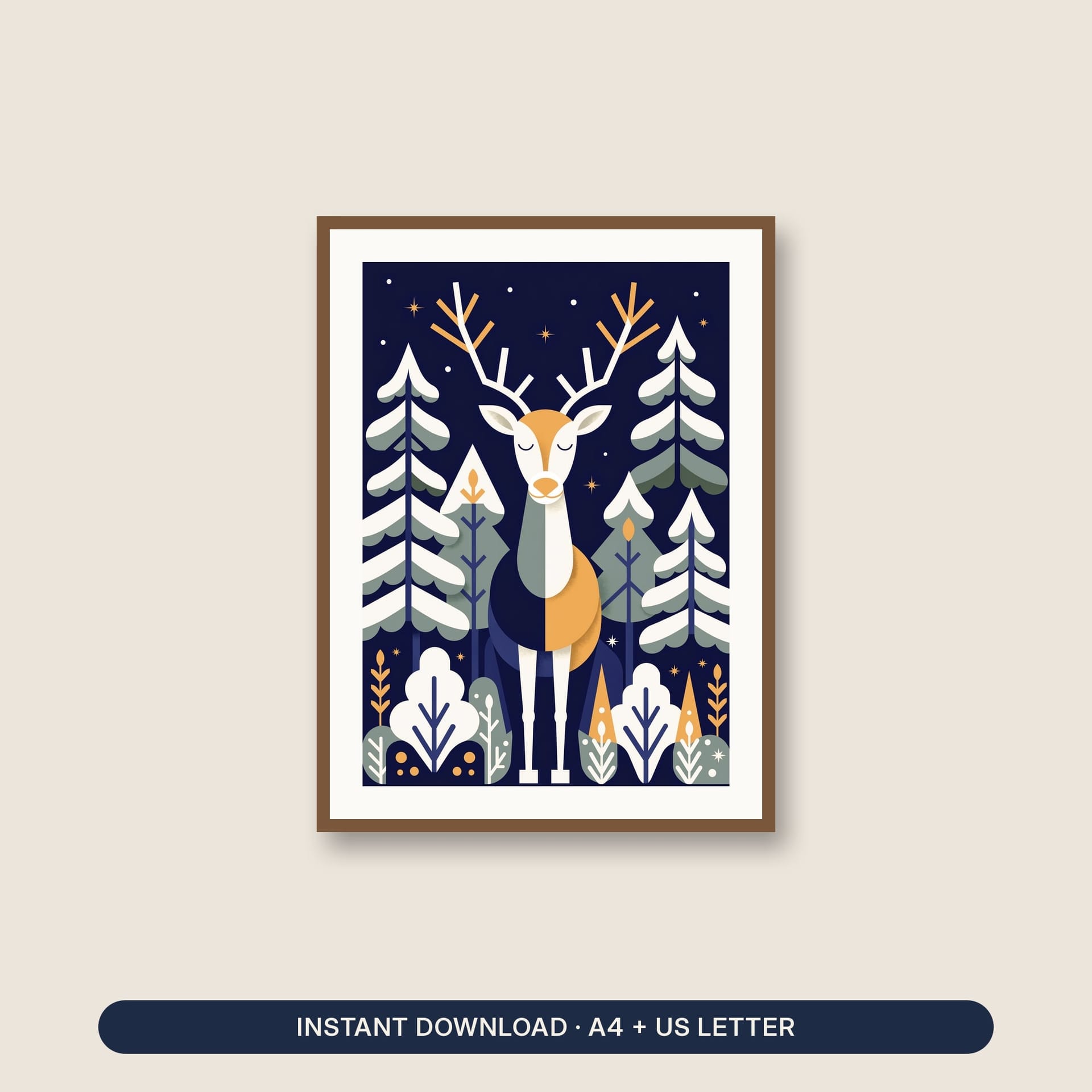 Christmas Nursery Print: Scandinavian Reindeer in Snowy Forest – listing cover of the printable wall art