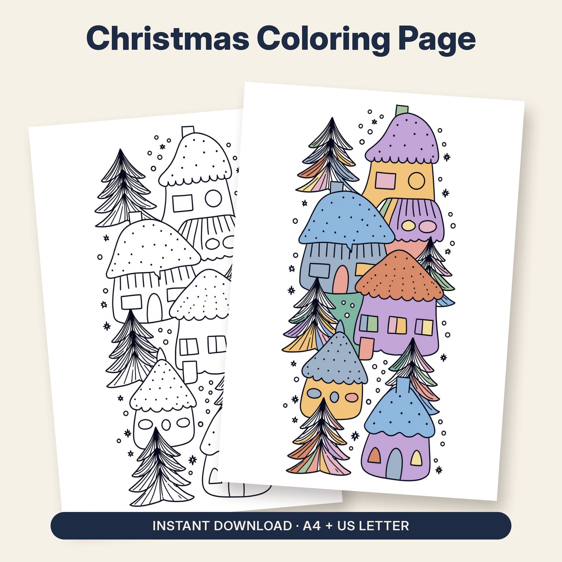Christmas Coloring Page Printable – listing cover with the blank and the colored-in page