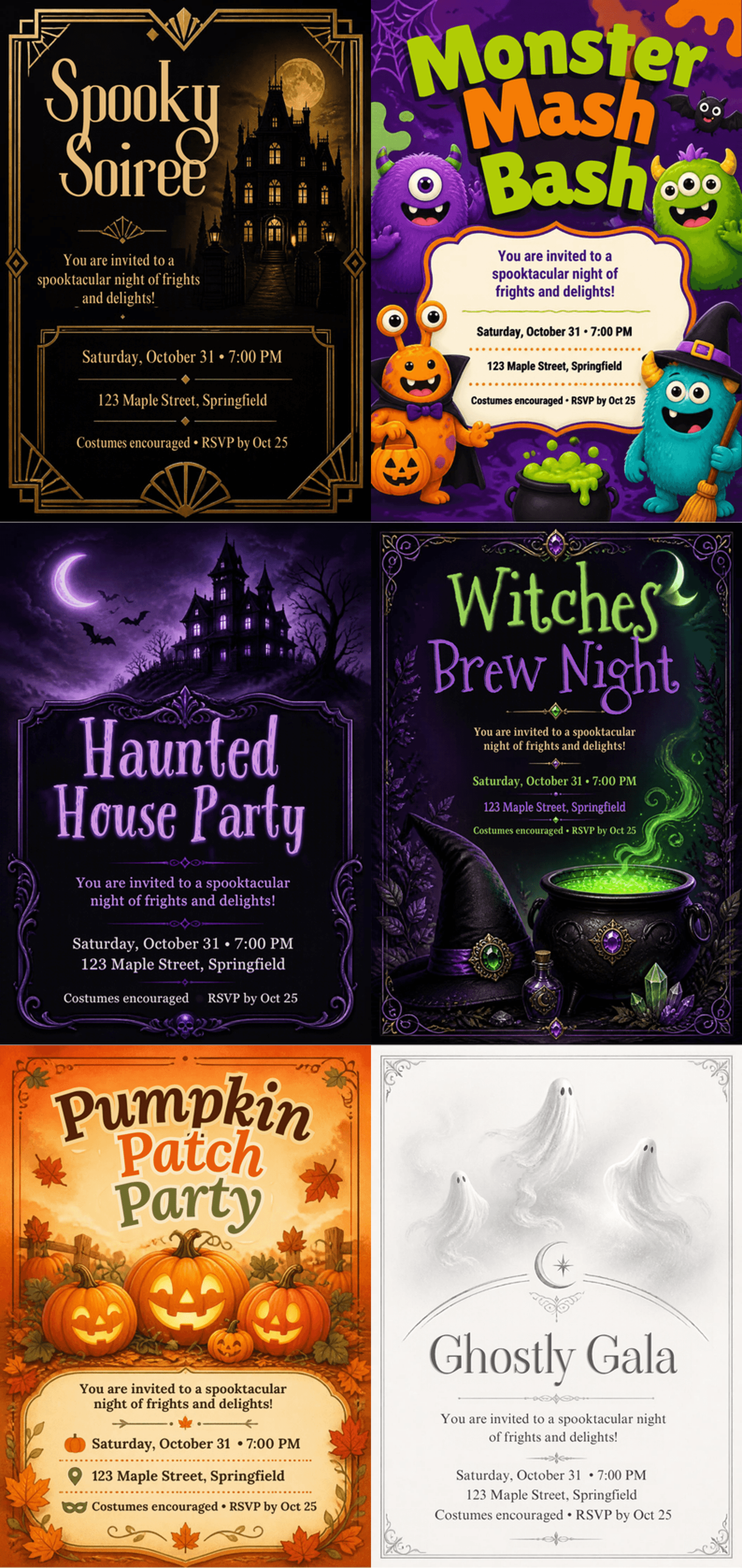 Spooky Halloween Party Invitation Kit - all 6 designs collage