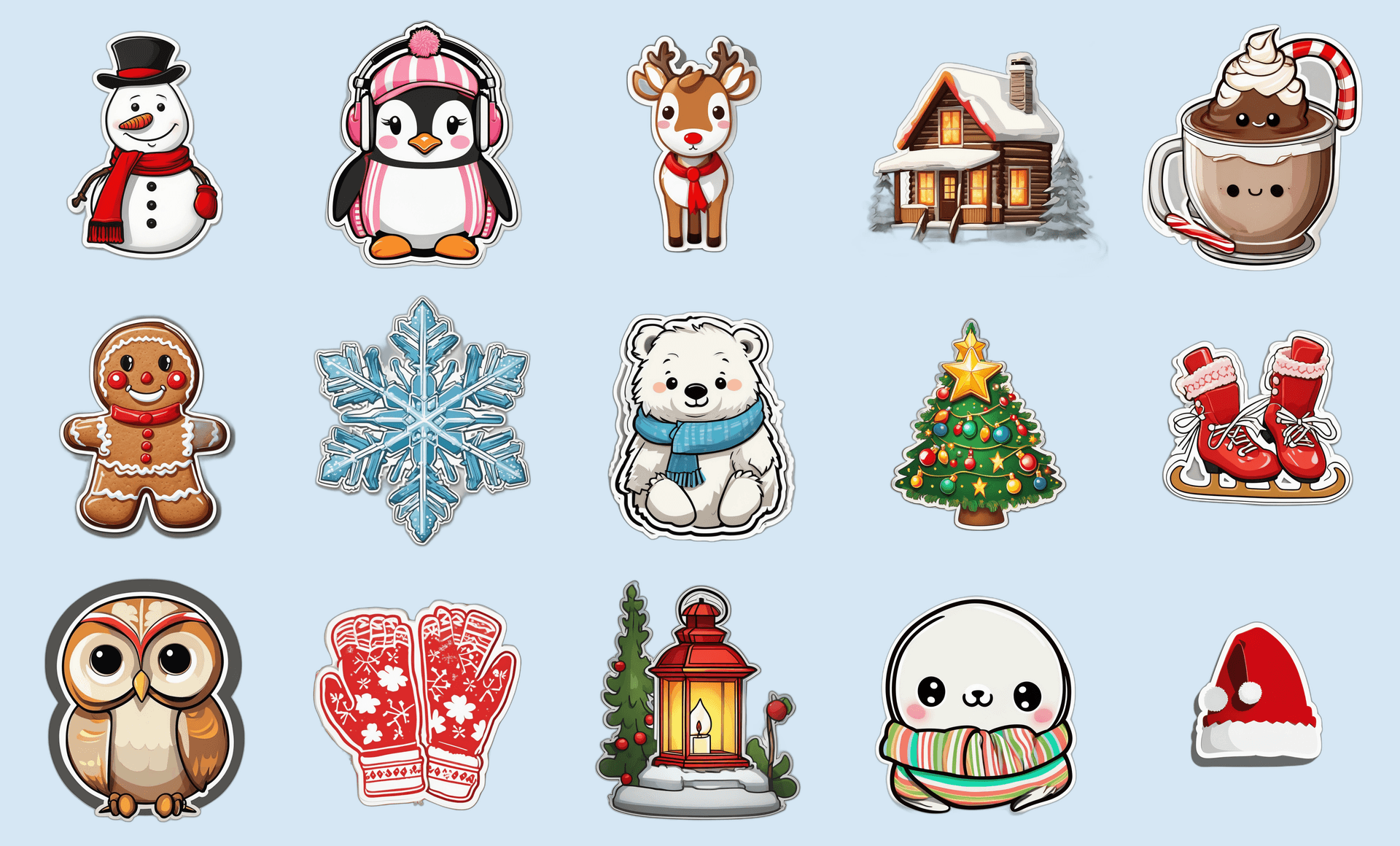 Winter Wonderland Sticker Pack — 15 Kawaii Die-Cut Stickers - full sticker sheet