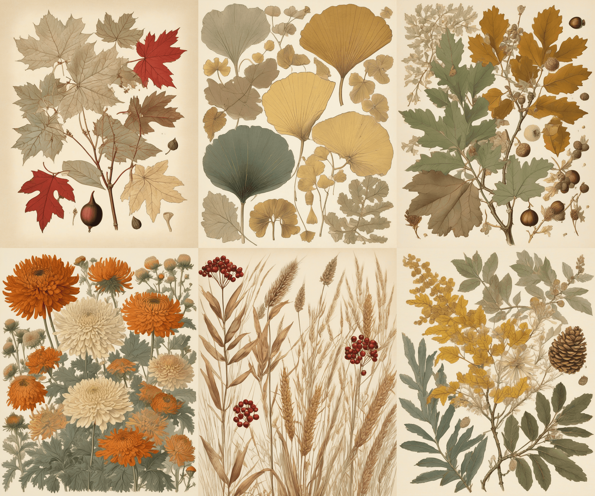 6 Autumn Botanical Wall Art Prints - collage of all 6 designs