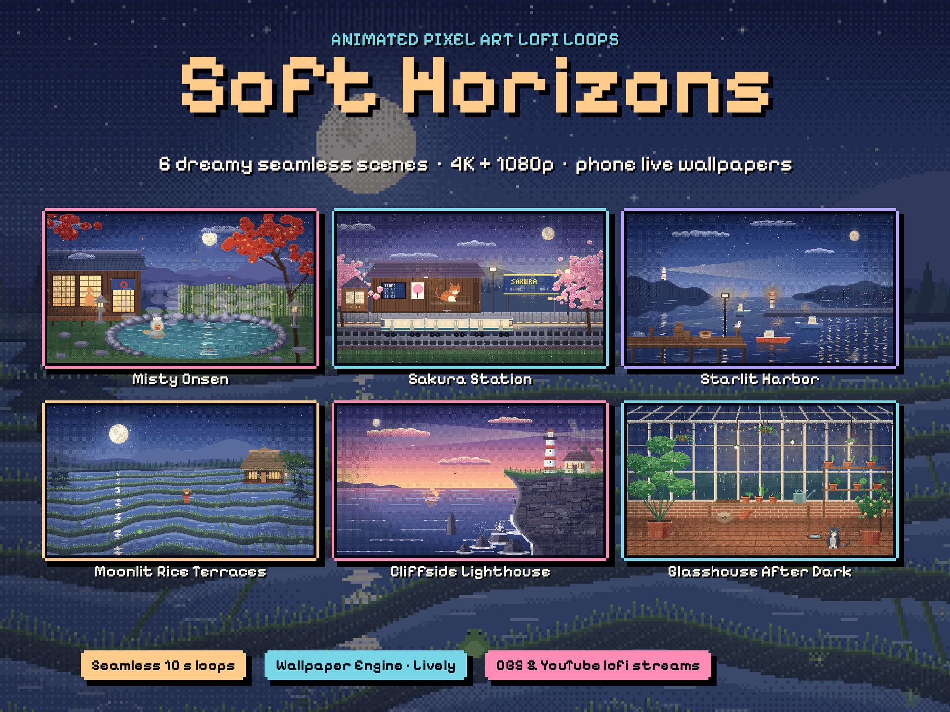 Soft Horizons – 6 Animated Lofi Pixel Art Loops | Seamless 4K Live Wallpapers, Phone Wallpapers & OBS Stream Backgrounds
